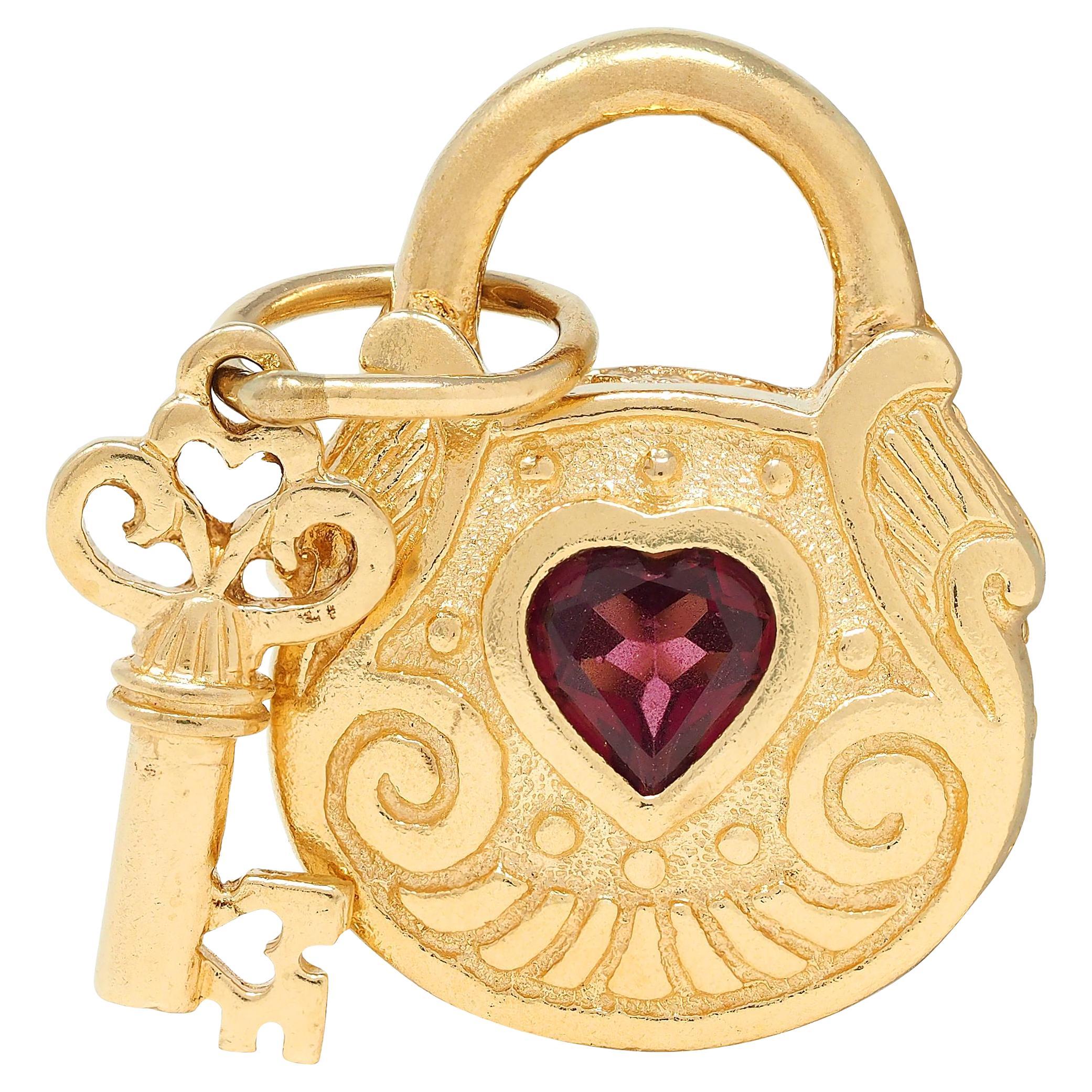 1990's Garnet 14 Karat Yellow Gold Vintage Lock & Key Pendant Charm