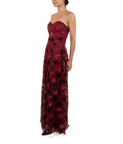 1990S Garnet Red Sequined Silk Organza Plaid Gown