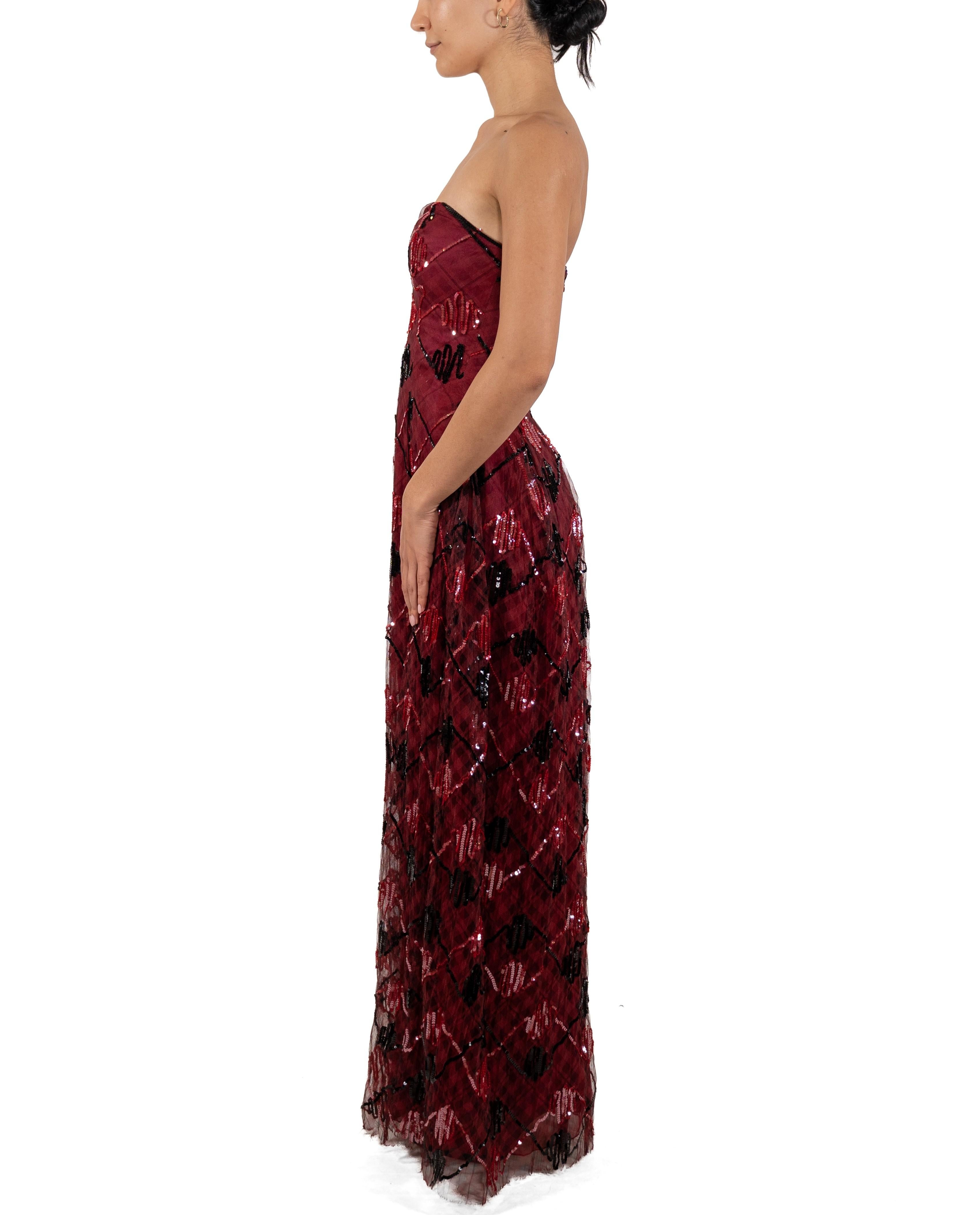 Black 1990S Garnet Red Sequined Silk Organza Plaid Gown For Sale