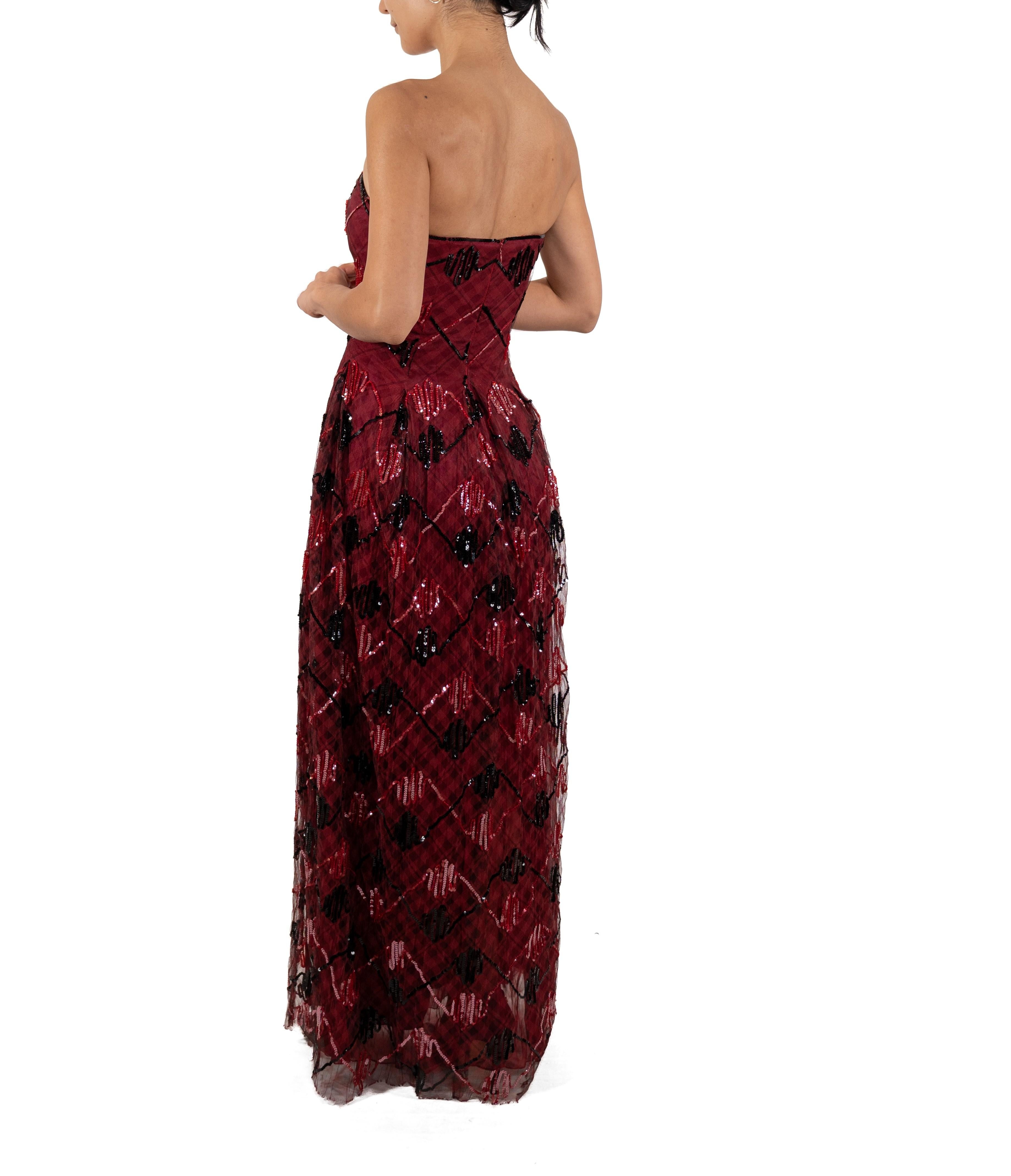 1990S Garnet Red Sequined Silk Organza Plaid Gown In Good Condition For Sale In New York, NY