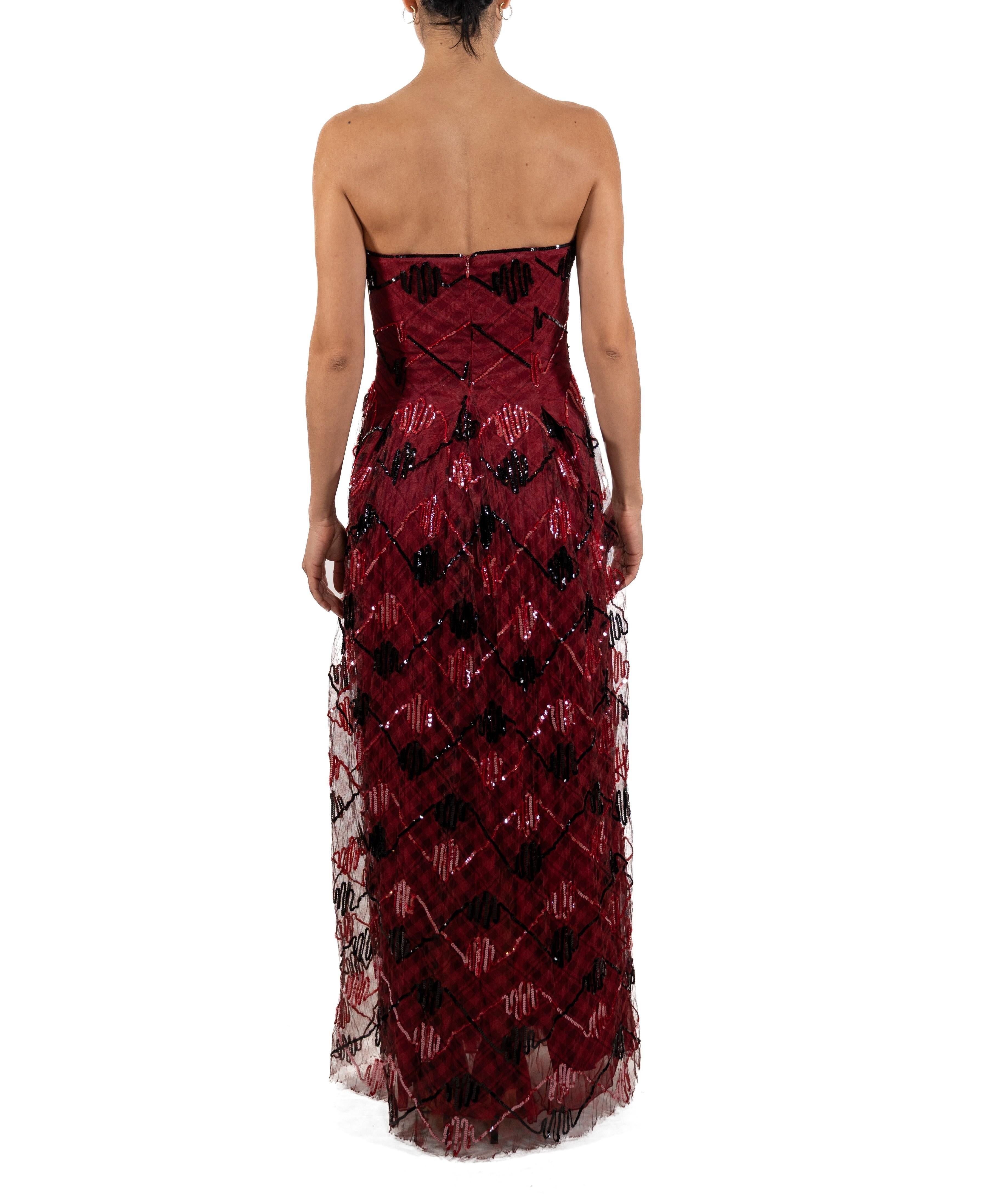 Women's 1990S Garnet Red Sequined Silk Organza Plaid Gown For Sale