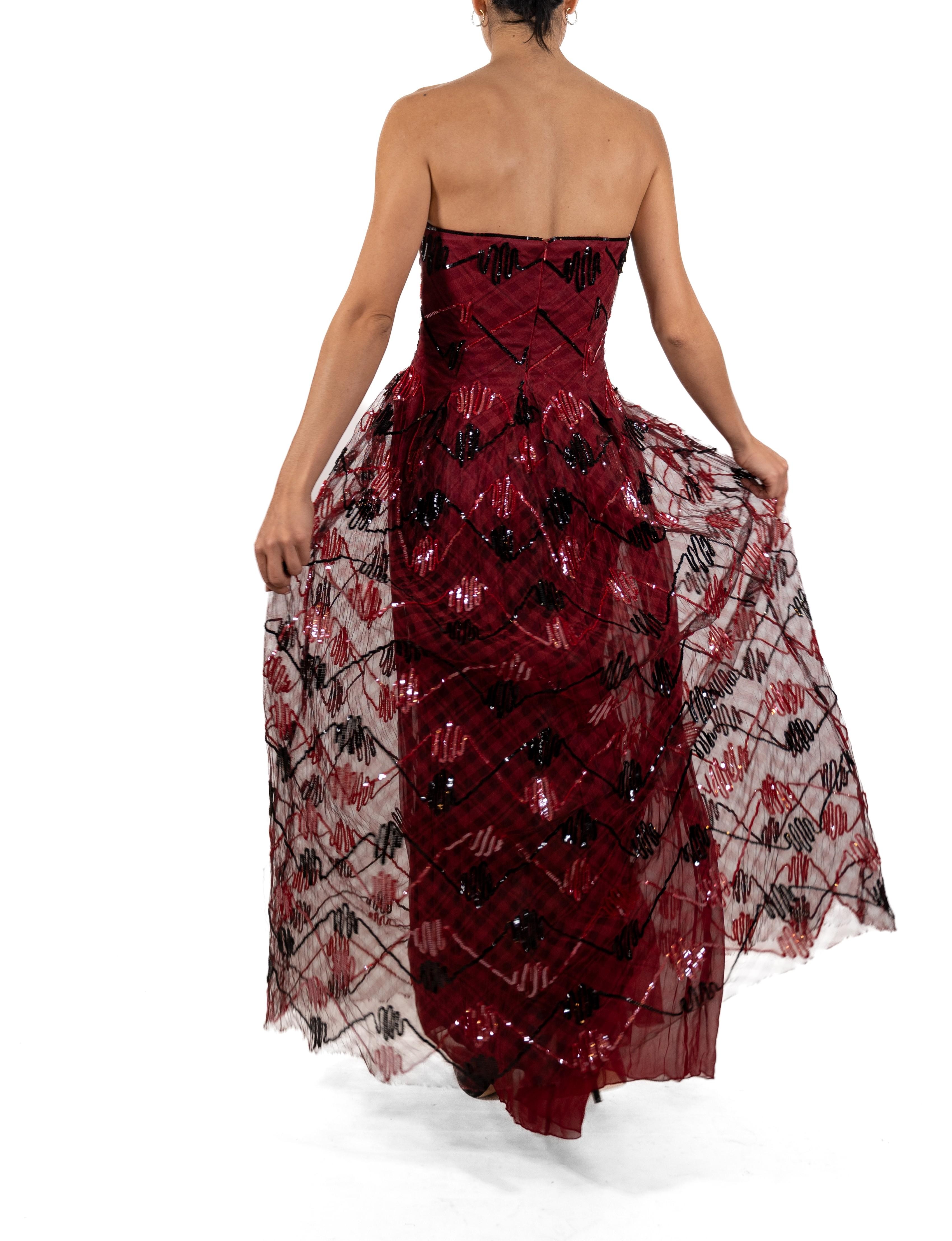 1990S Garnet Red Sequined Silk Organza Plaid Gown For Sale 1
