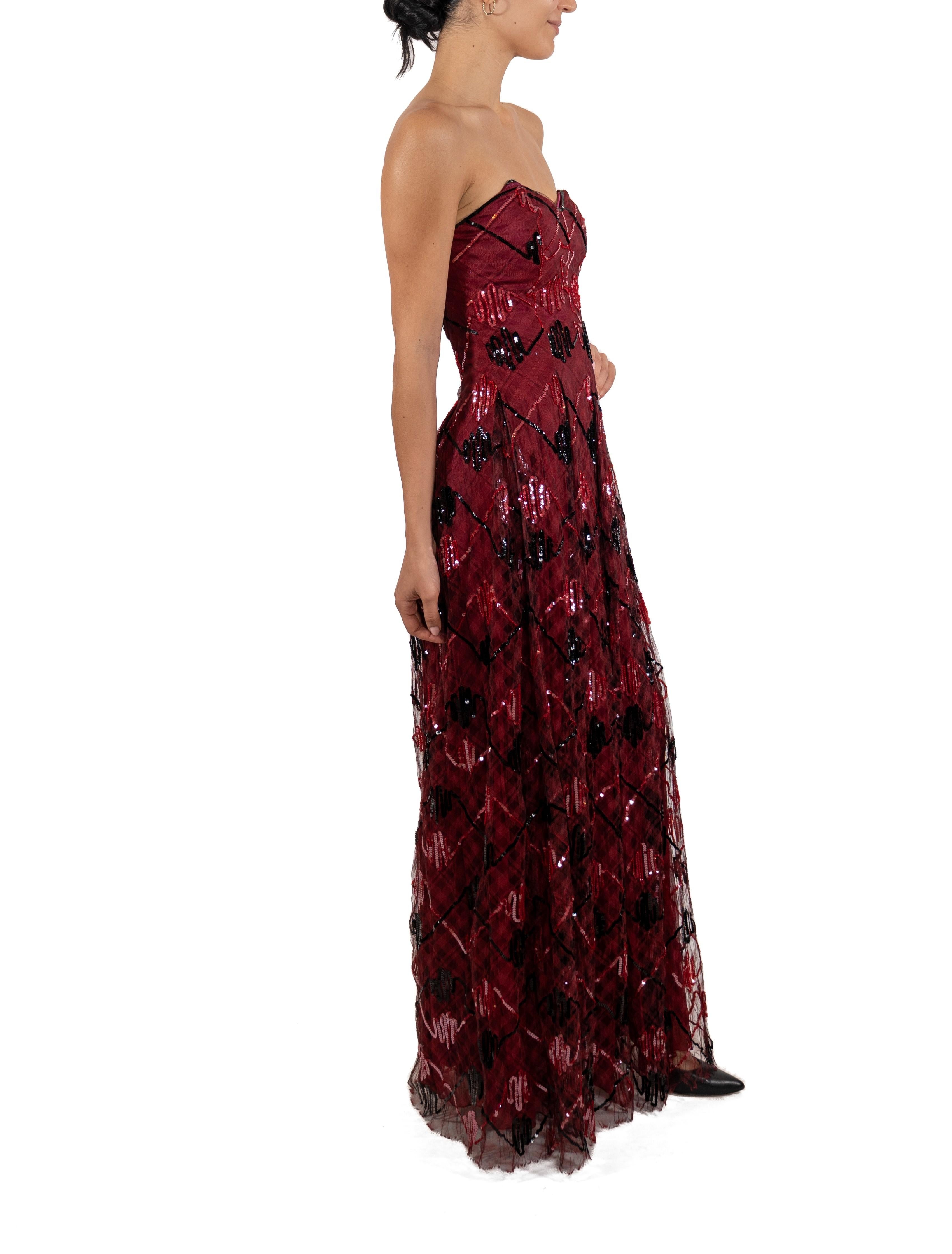 1990S Garnet Red Sequined Silk Organza Plaid Gown For Sale 2