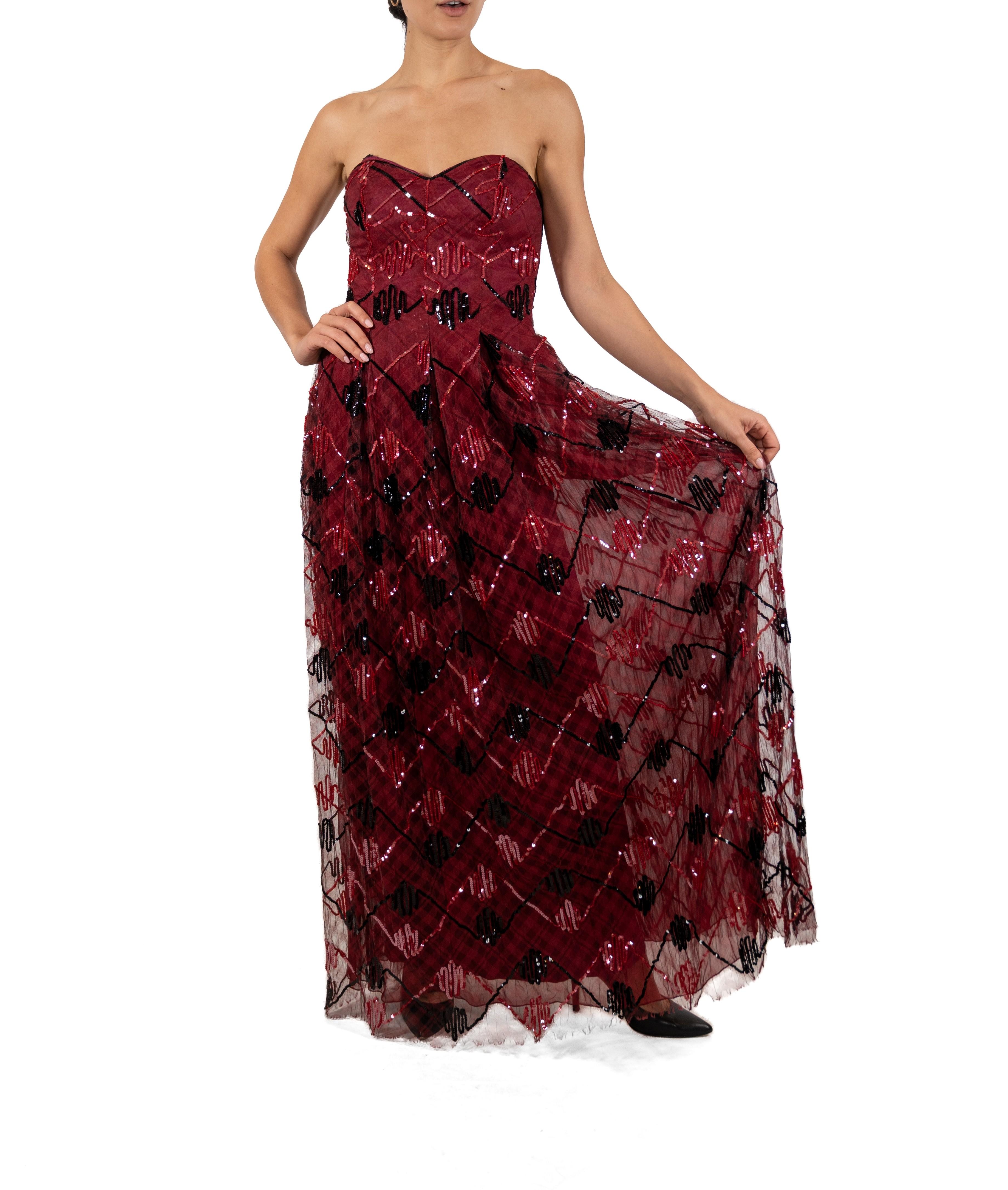 1990S Garnet Red Sequined Silk Organza Plaid Gown For Sale 4