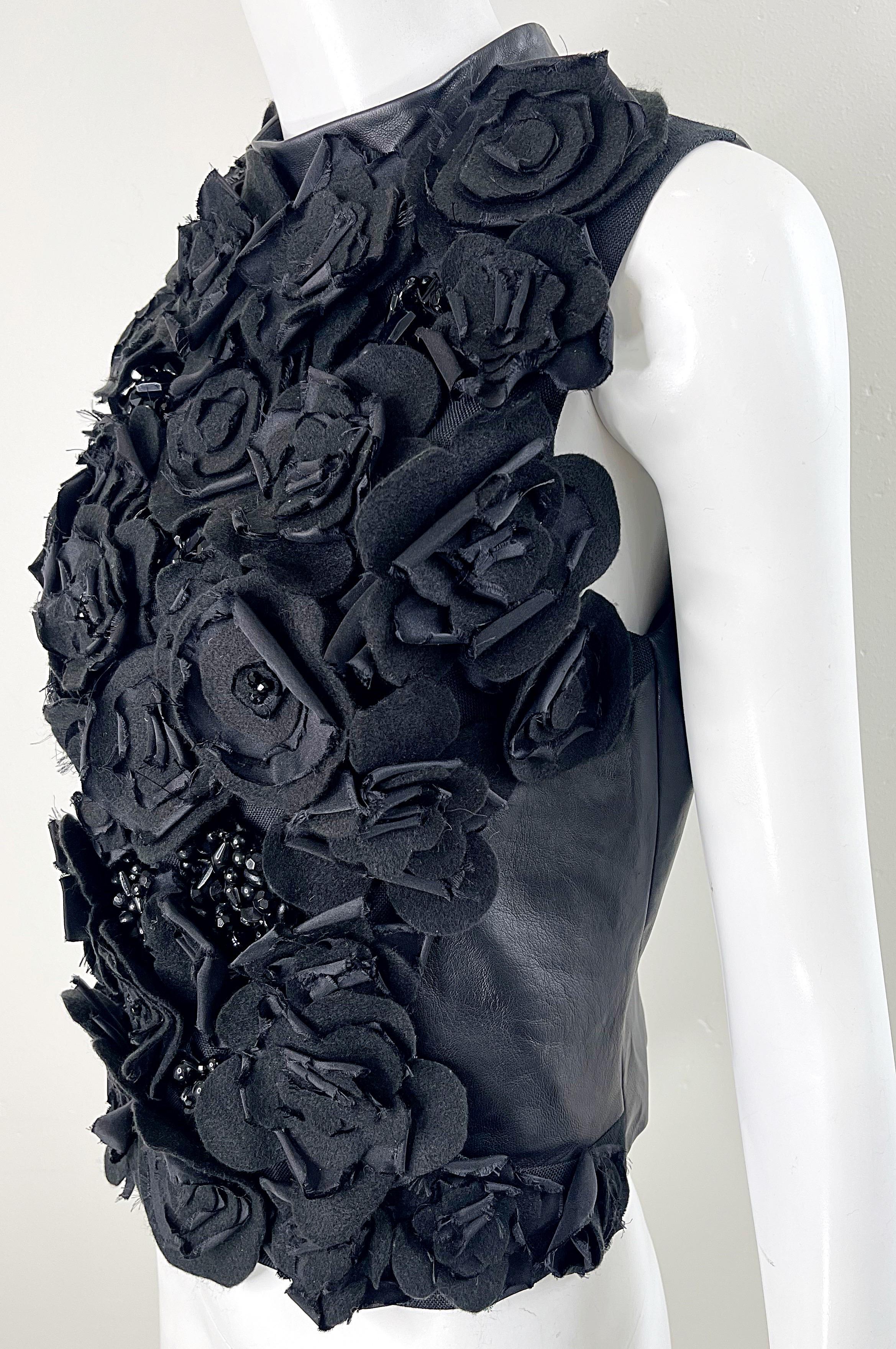 Women's 1990s Gemma Kahng Black Leather Flower Appliqué Beaded Vintage 90s Top Blouse For Sale