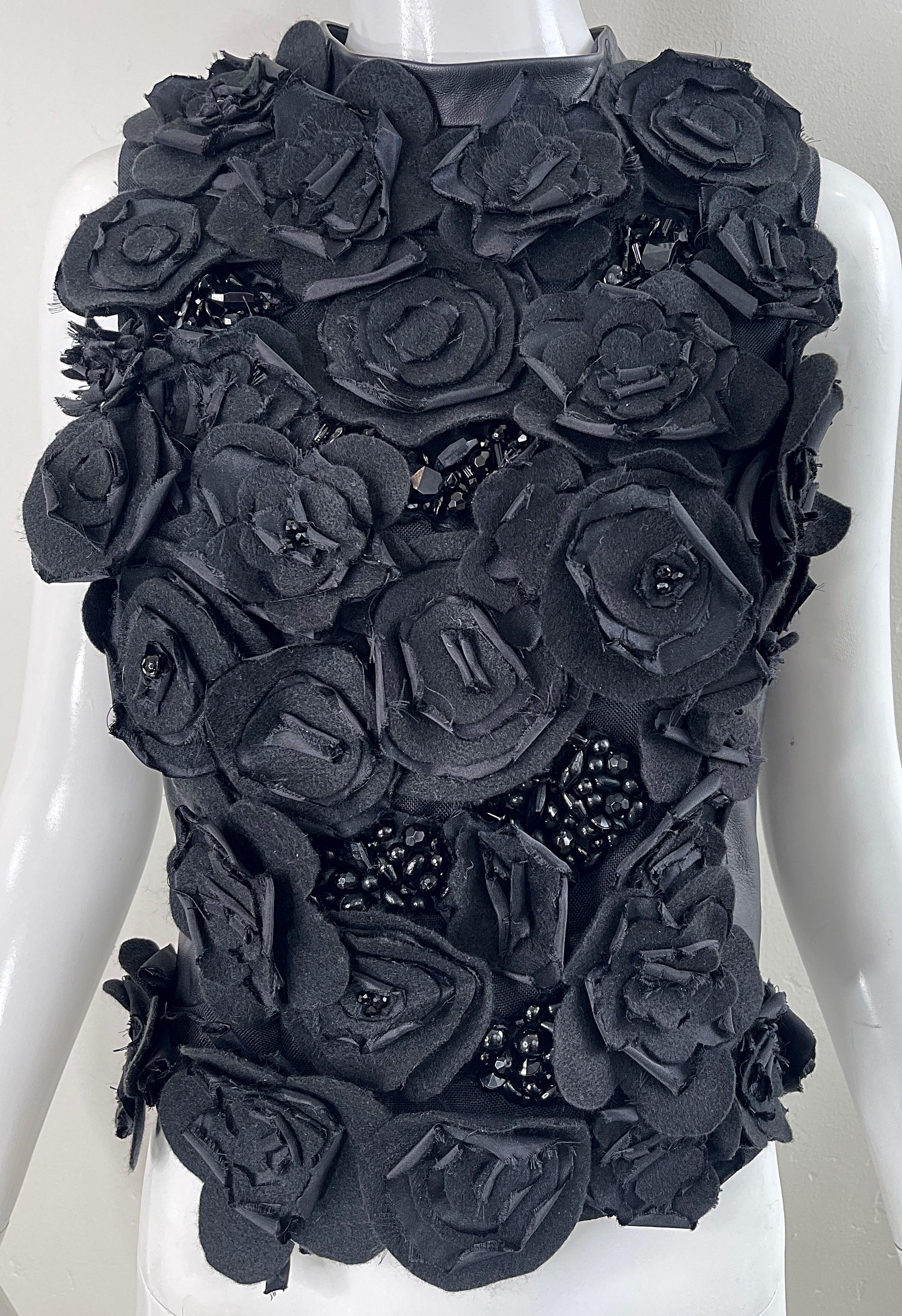 1990s Gemma Kahng Black Leather Flower Appliqué Beaded Vintage 90s Top Blouse For Sale 1