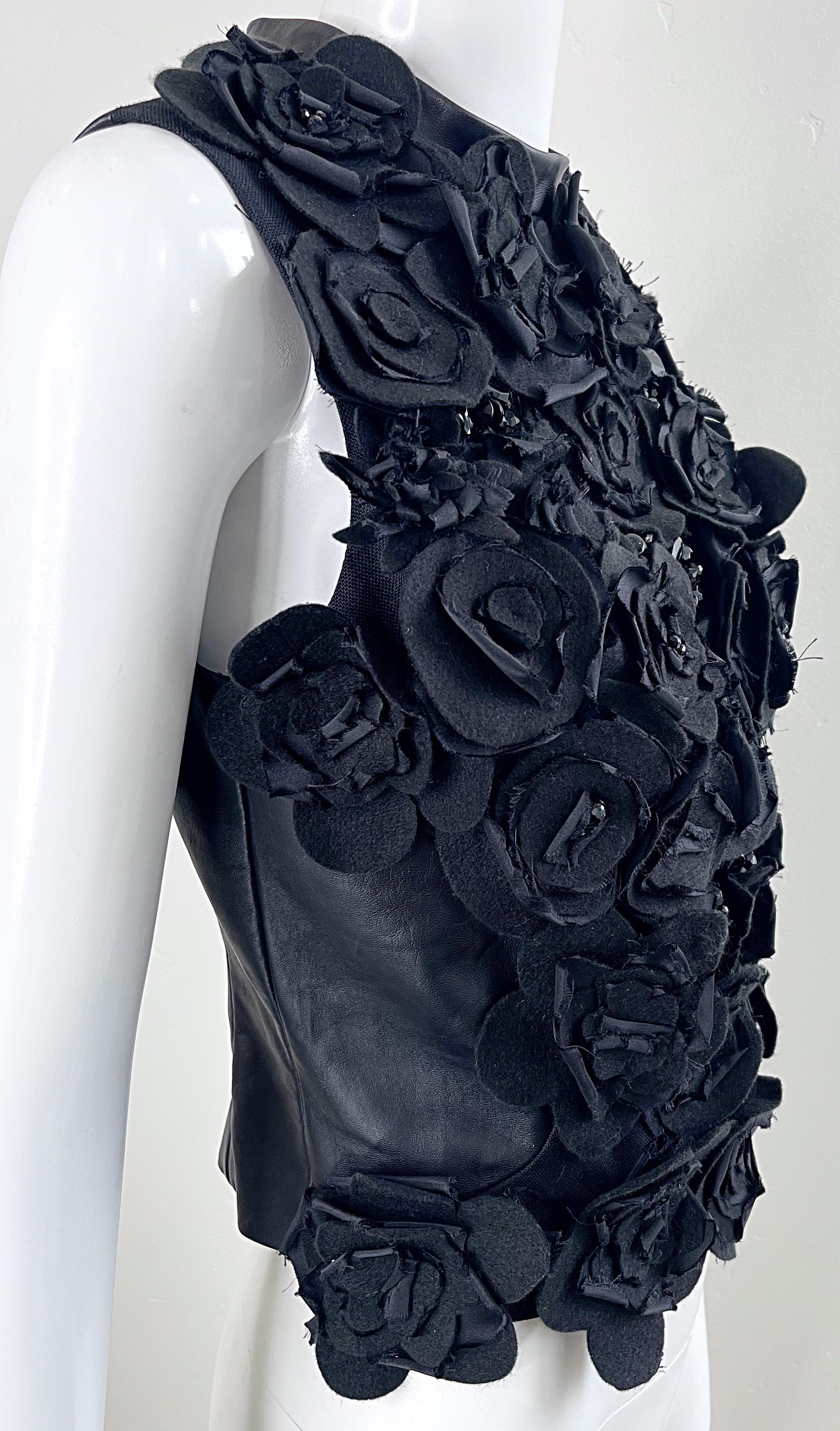 1990s Gemma Kahng Black Leather Flower Appliqué Beaded Vintage 90s Top Blouse For Sale 4