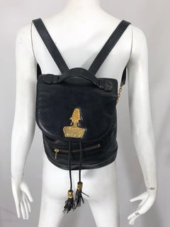 sac à dos Gemma Kahng des années 1990 en cuir noir + chaîne dorée à pompon Sac à dos vintage des années 1990
