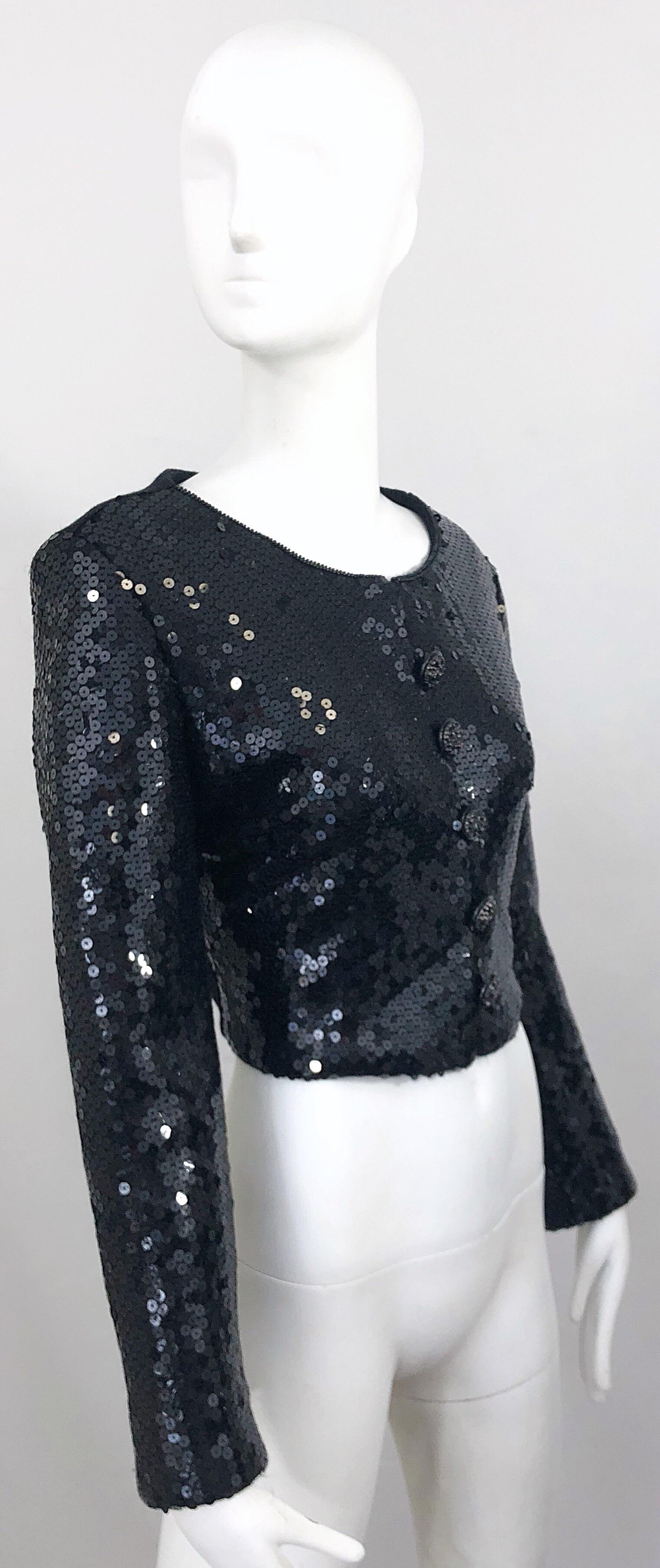 1990s Gemma Kahng Black Sequin Size 6 Wool Vintage 90s Chic Cropped Jacket For Sale 6