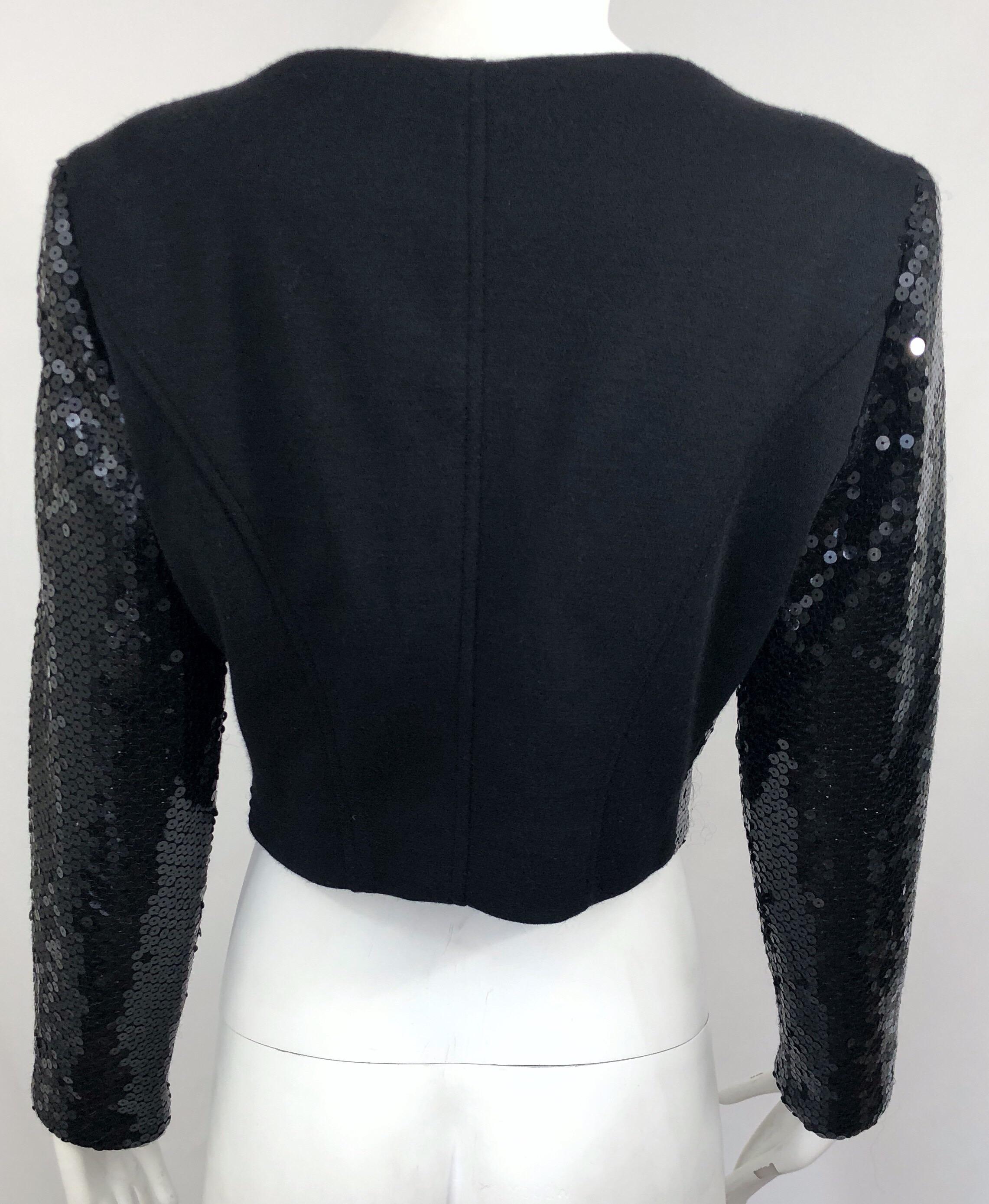 1990s Gemma Kahng Black Sequin Size 6 Wool Vintage 90s Chic Cropped Jacket For Sale 7
