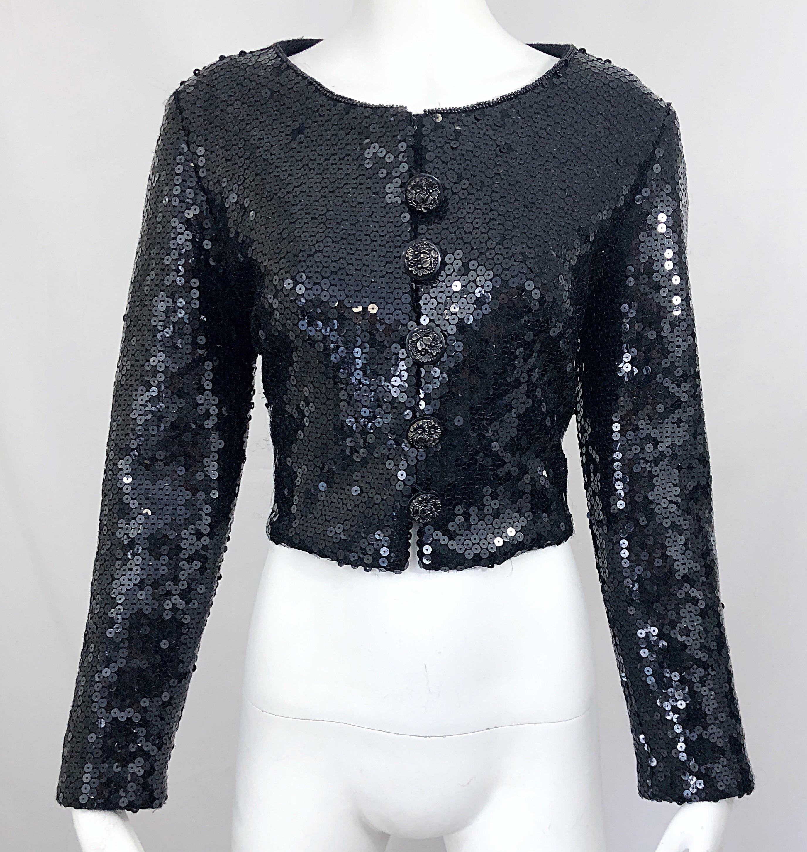 1990s Gemma Kahng Black Sequin Size 6 Wool Vintage 90s Chic Cropped Jacket For Sale 8