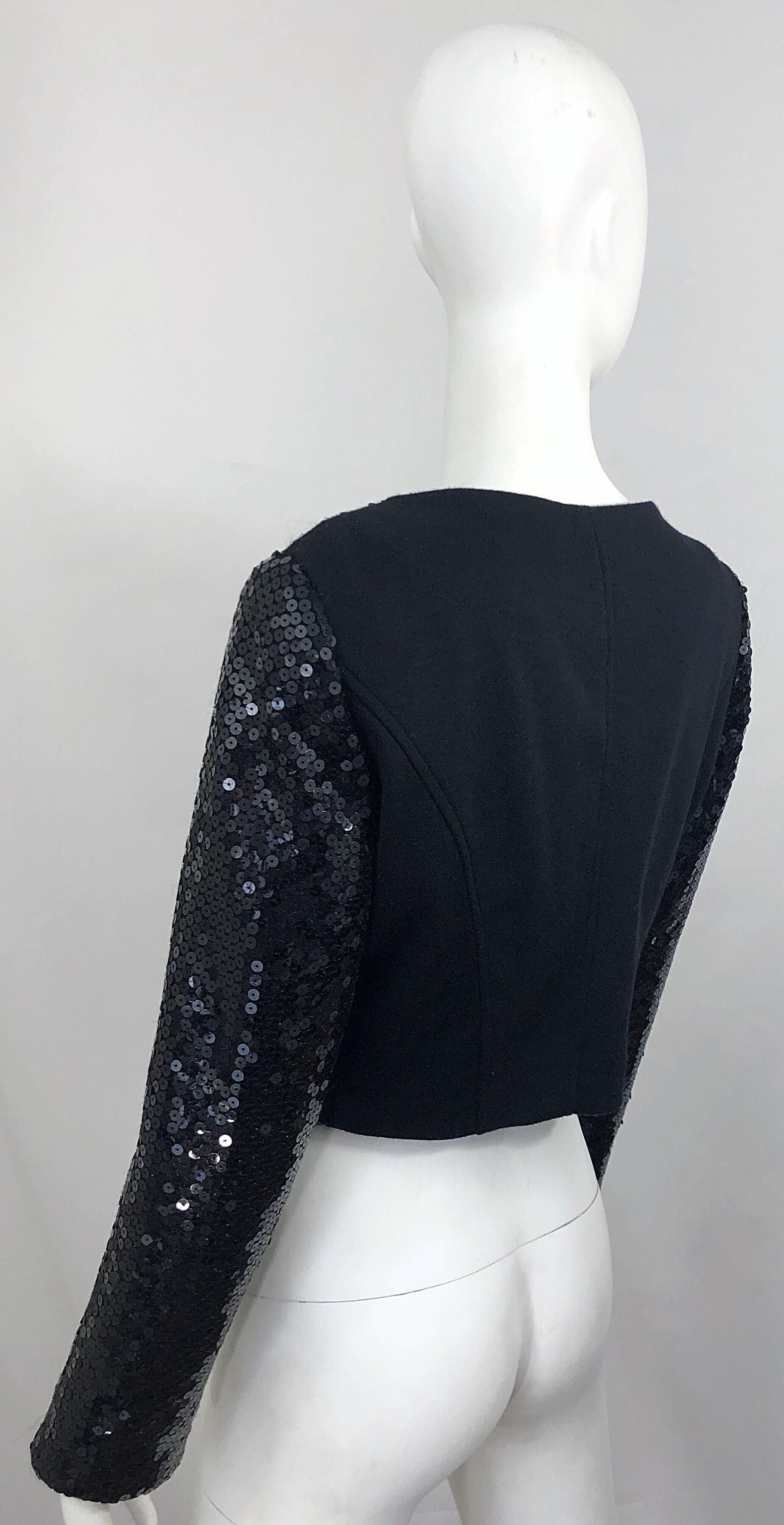 1990s Gemma Kahng Black Sequin Size 6 Wool Vintage 90s Chic Cropped Jacket For Sale 9