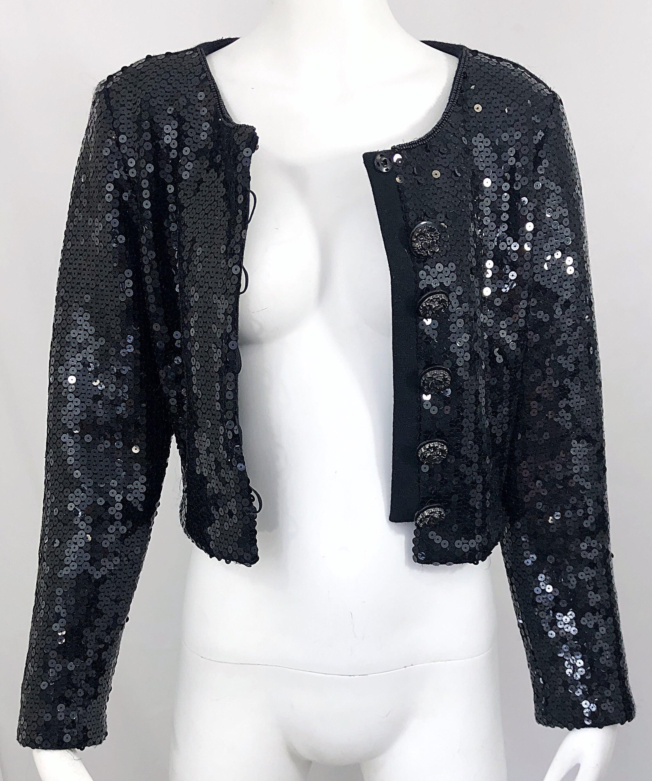 1990s Gemma Kahng Black Sequin Size 6 Wool Vintage 90s Chic Cropped Jacket For Sale 10