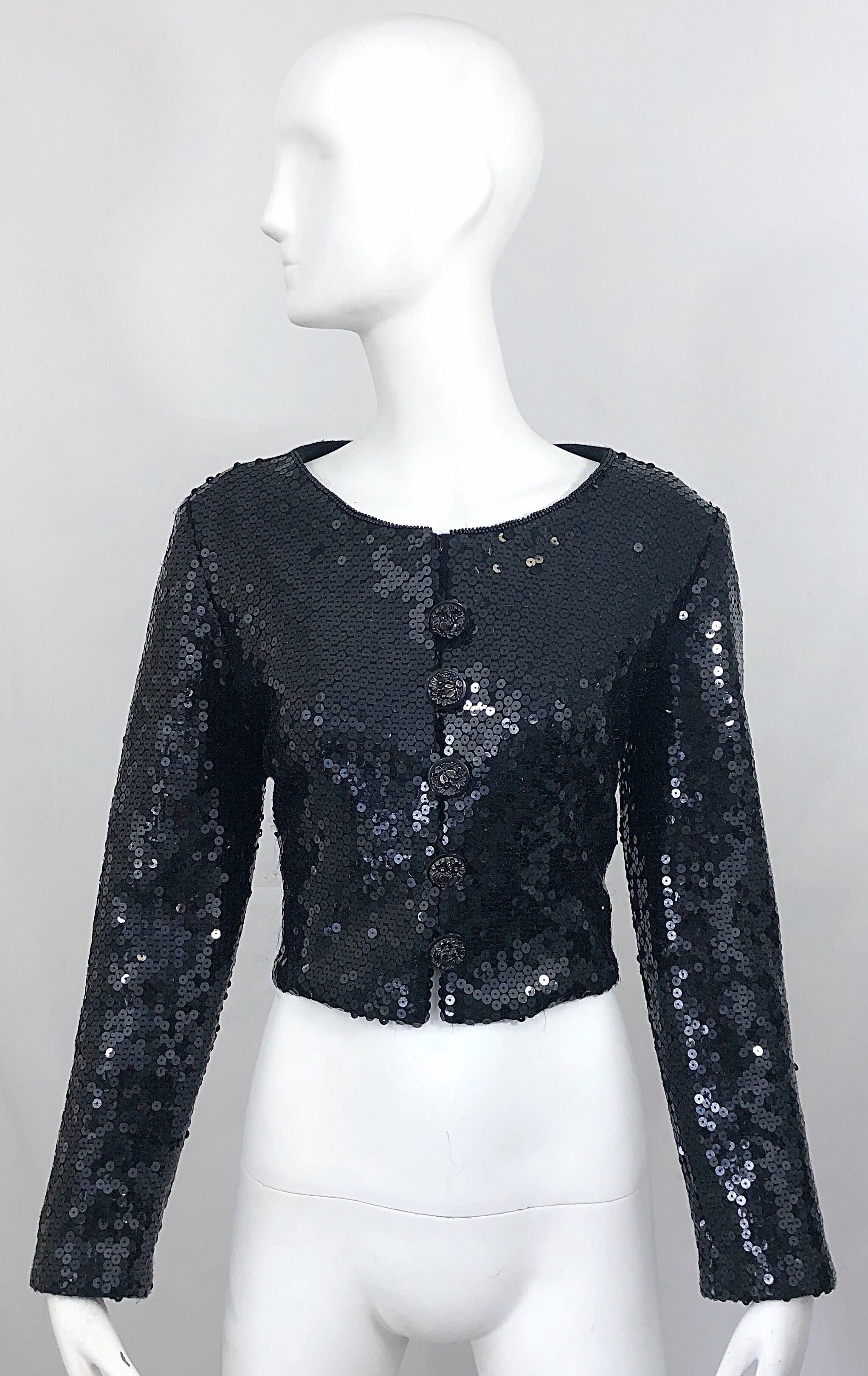 1990s Gemma Kahng Black Sequin Size 6 Wool Vintage 90s Chic Cropped Jacket For Sale 11