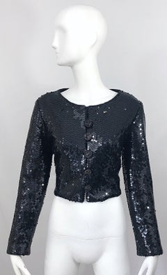 1990s Gemma Kahng Black Sequin Size 6 Wool Vintage 90s Chic Cropped Jacket