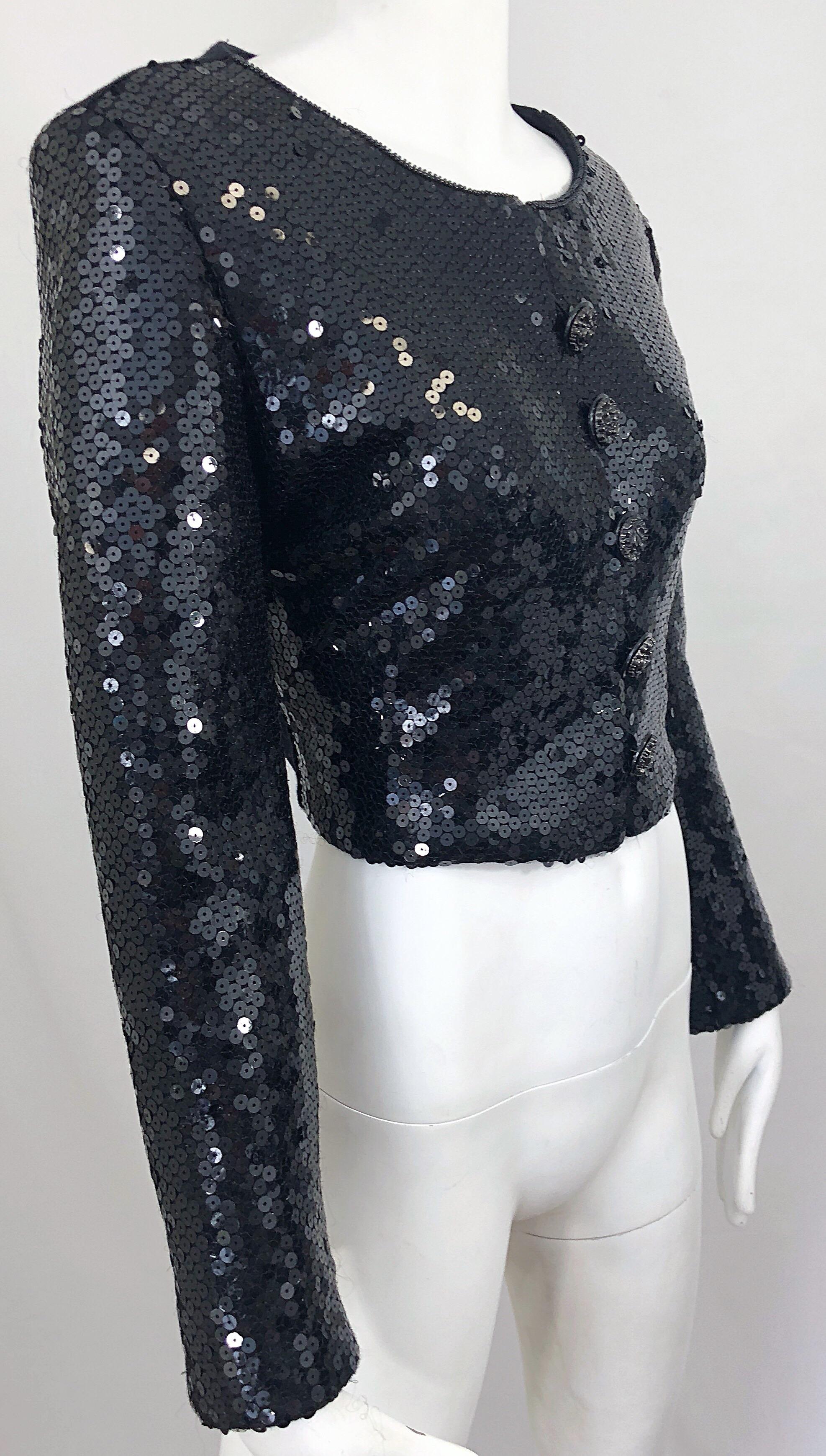 Women's 1990s Gemma Kahng Black Sequin Size 6 Wool Vintage 90s Chic Cropped Jacket For Sale
