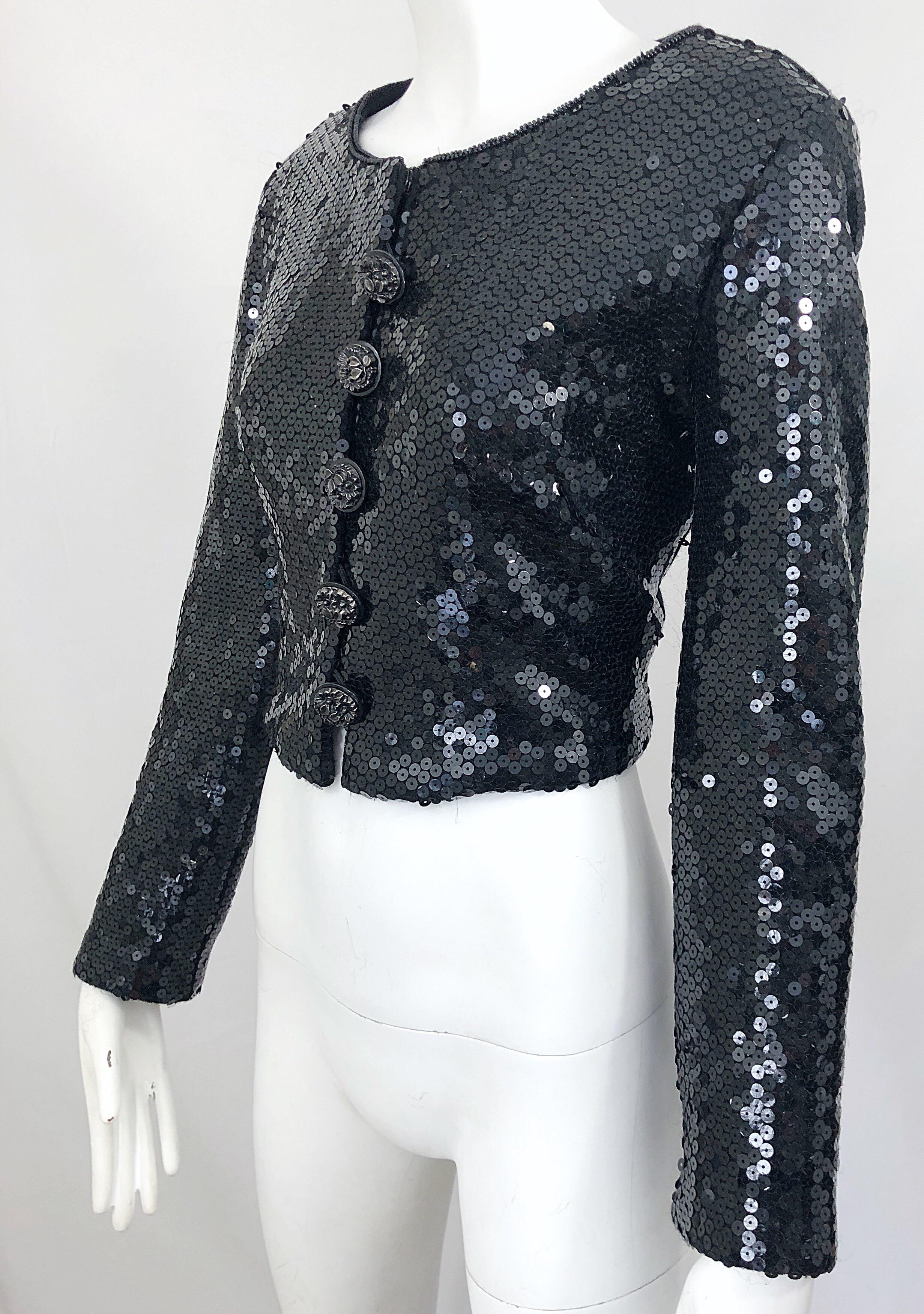1990s Gemma Kahng Black Sequin Size 6 Wool Vintage 90s Chic Cropped Jacket For Sale 4