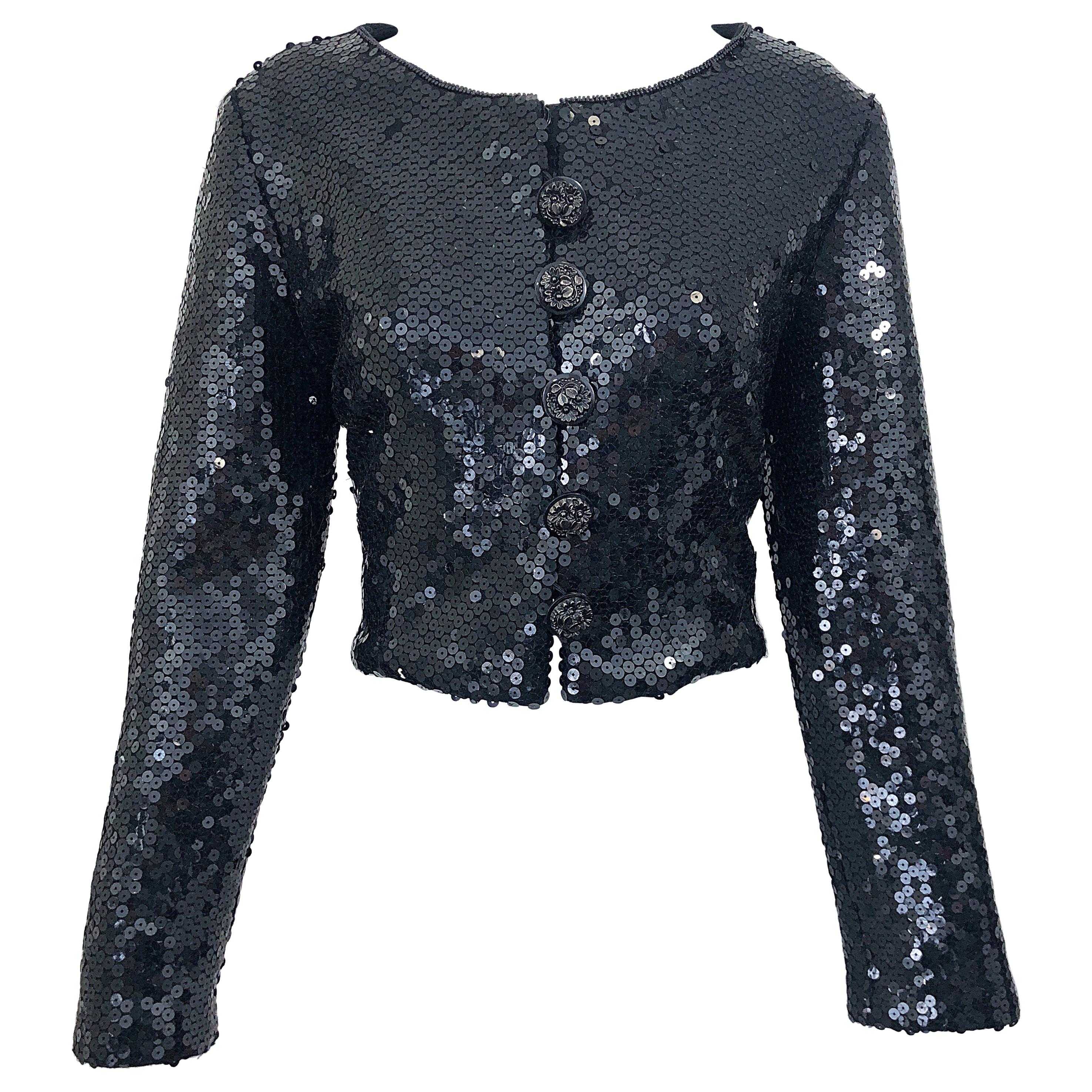 1990s Gemma Kahng Negro Lentejuelas Talla 6 Lana Vintage 90s Chaqueta Recortada Chic