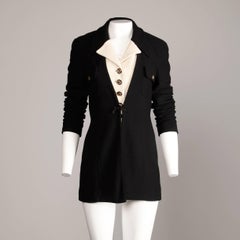 1990s Gemma Kahng Vintage Negro + Blanco Lana Chaqueta Esmoquin Blazer