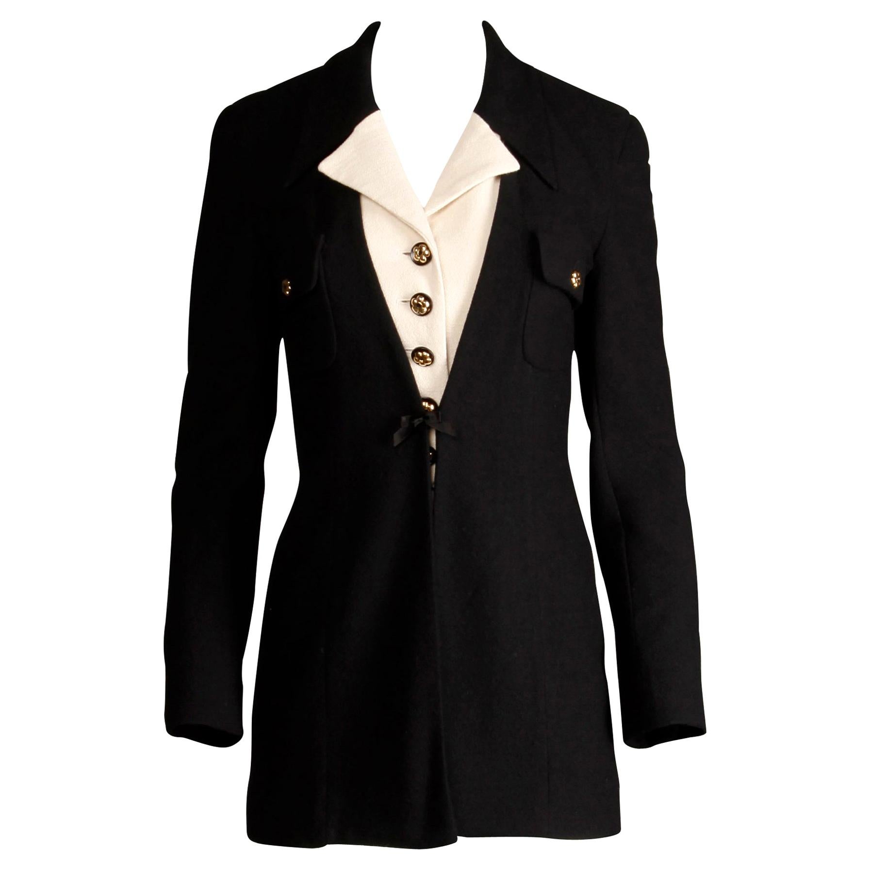 1990s Gemma Kahng Vintage Black + White Wool Tuxedo Blazer Jacket For Sale