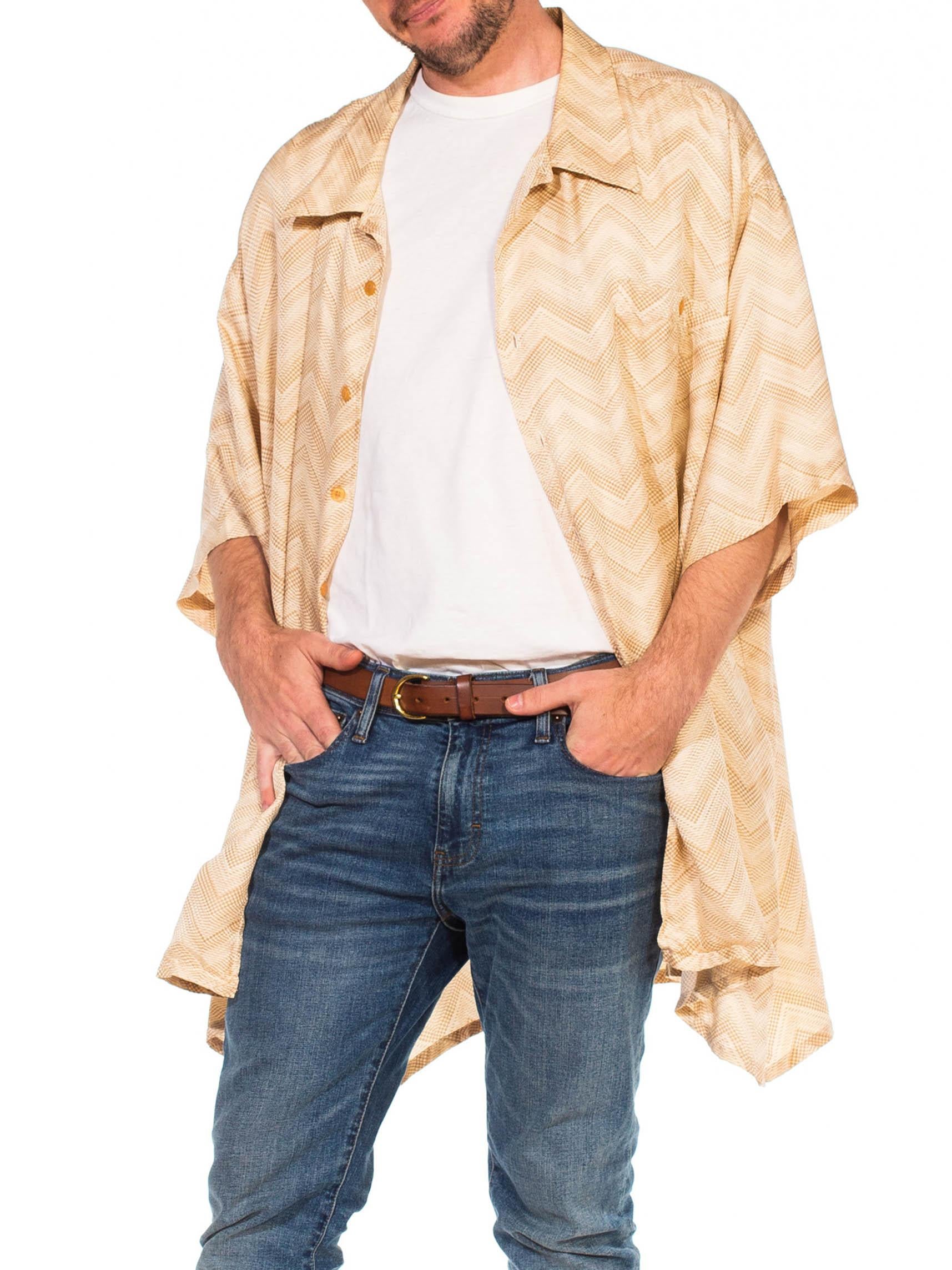 1990S GENELLI Cream Silk Zigzag Print Men's Short Sleeve Shirt 1