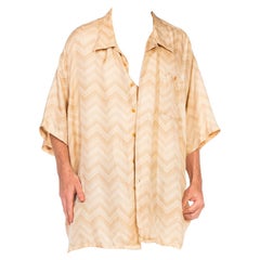 Vintage 1990S GENELLI Cream Silk Zigzag Print Men's Short Sleeve Shirt