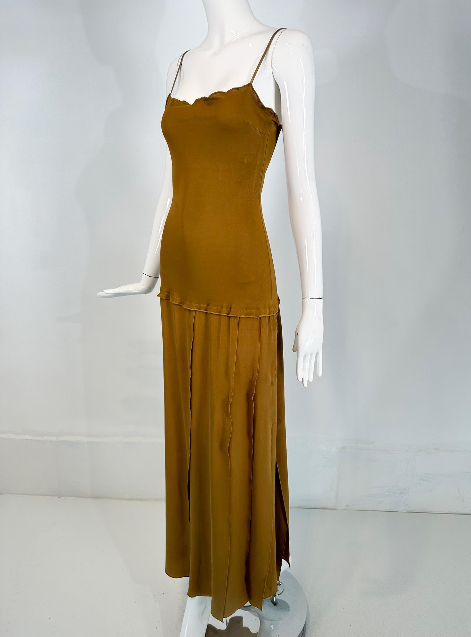 1990s Genny deep rich gold rayon jersey & gold silk chiffon floating panels & narrow gold leather straps, evening dress. This gorgeous dress is simply elegant. Pull on style dress, the slim stretch jersey bodice with over cast stitched finished