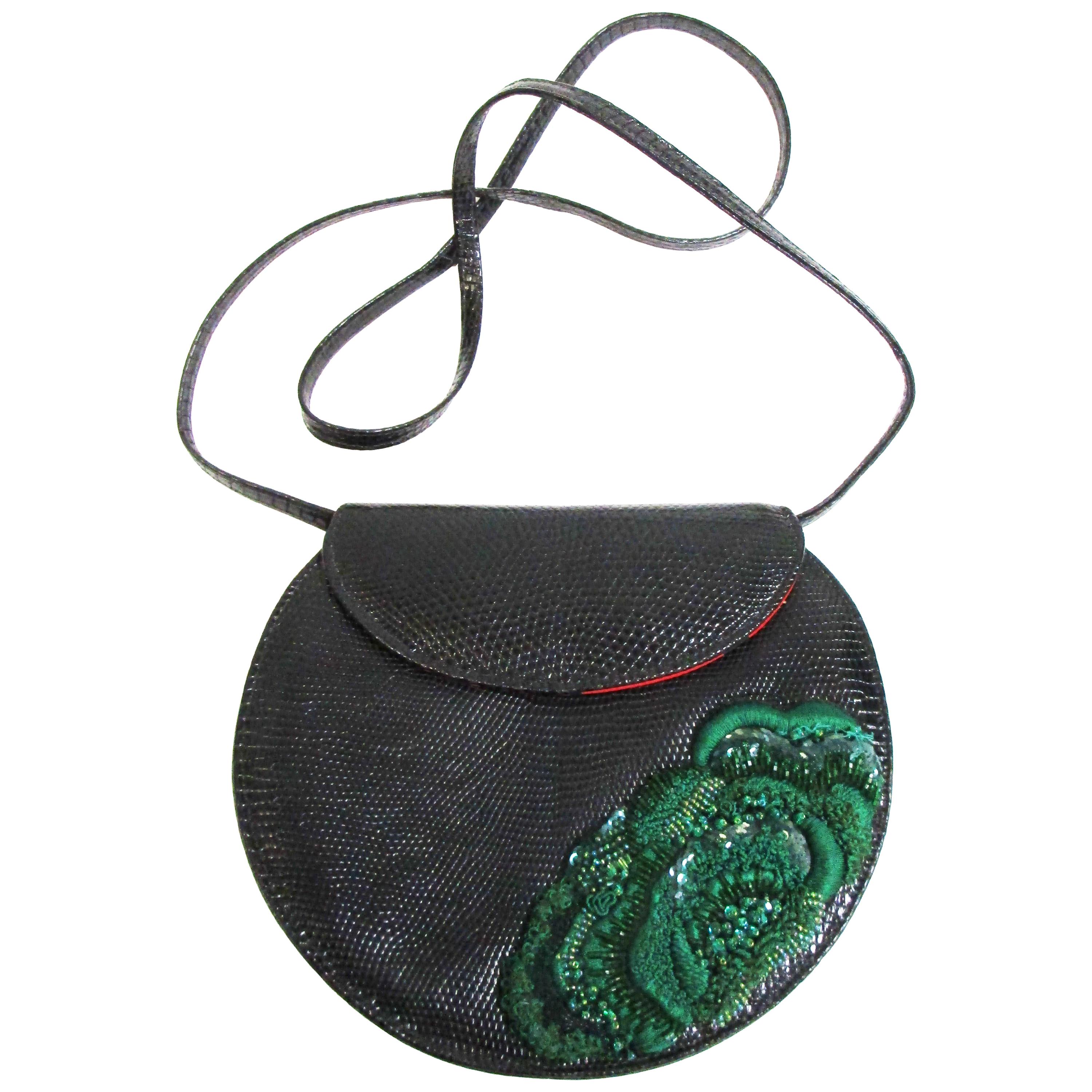 1990s Geoffrey Beene Black Lizard Purse with Beaded Emerald Green Embroidery  For Sale