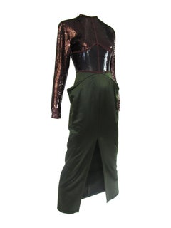 1990s Geoffrey Beene Burgundy and Green Satin Sequined Cocktail Dress
