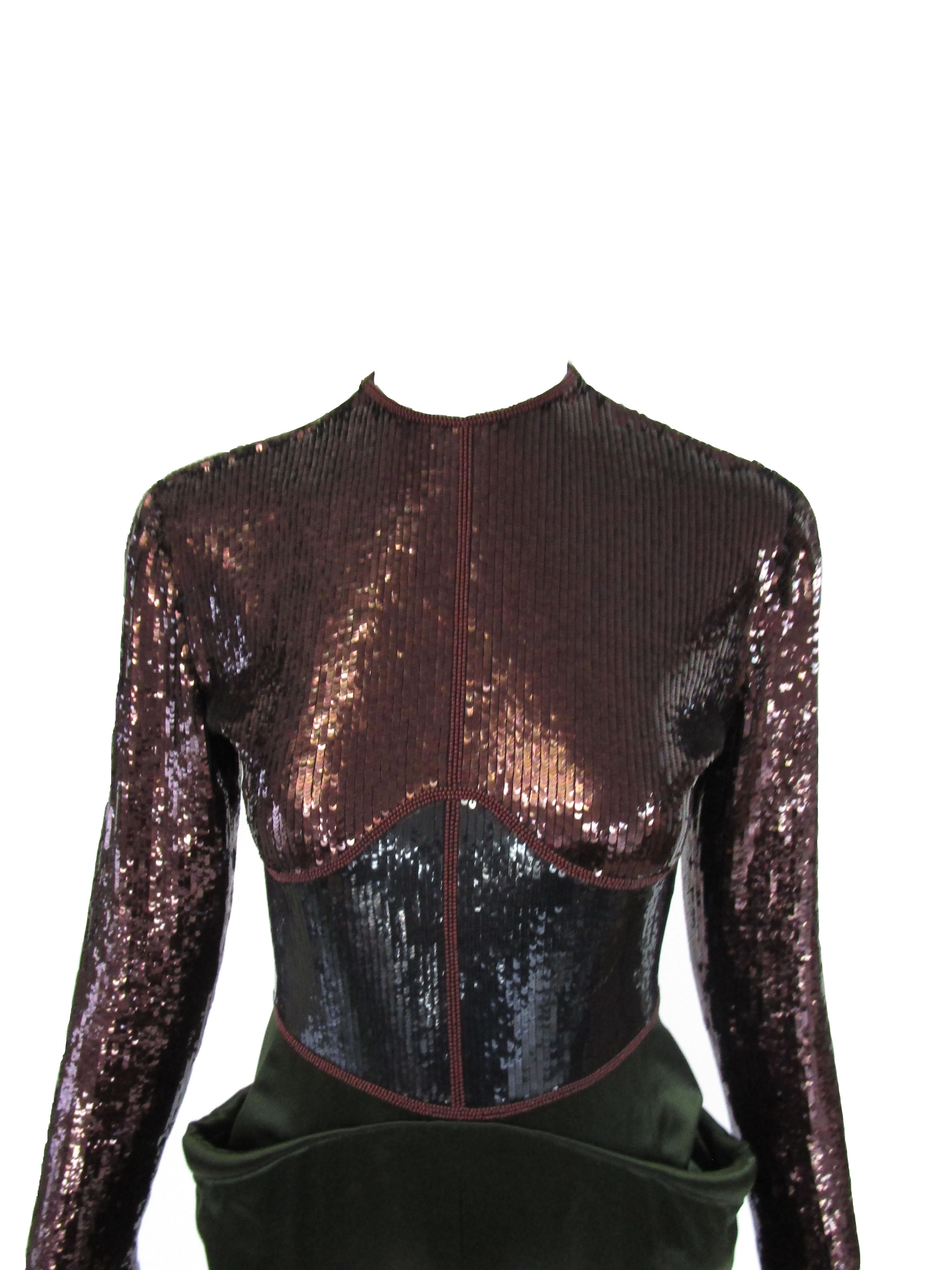 1990s Geoffrey Beene Burgundy and Green Satin Sequined Cocktail Dress In Excellent Condition For Sale In Houston, TX