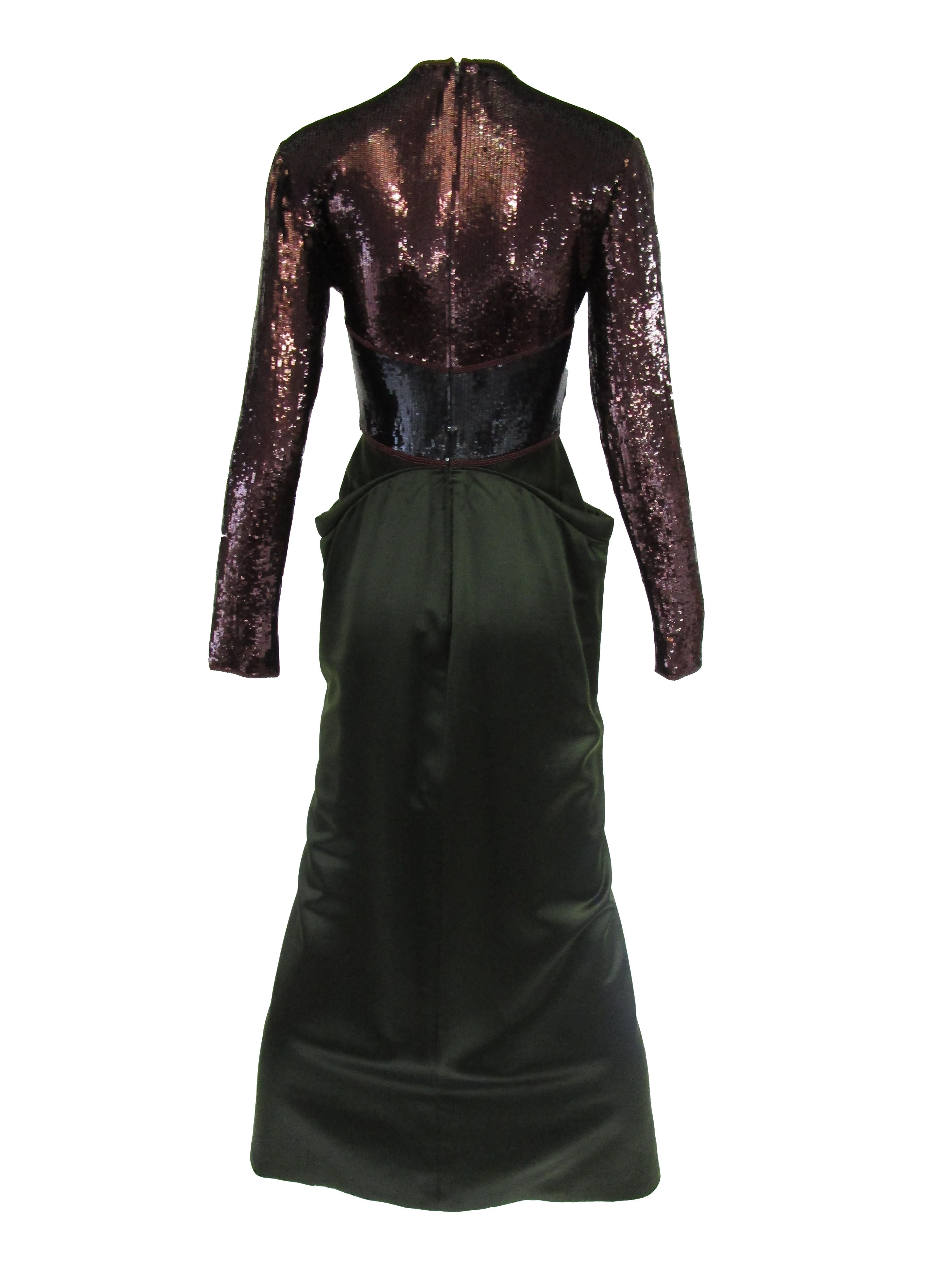 Women's 1990s Geoffrey Beene Burgundy and Green Satin Sequined Cocktail Dress For Sale