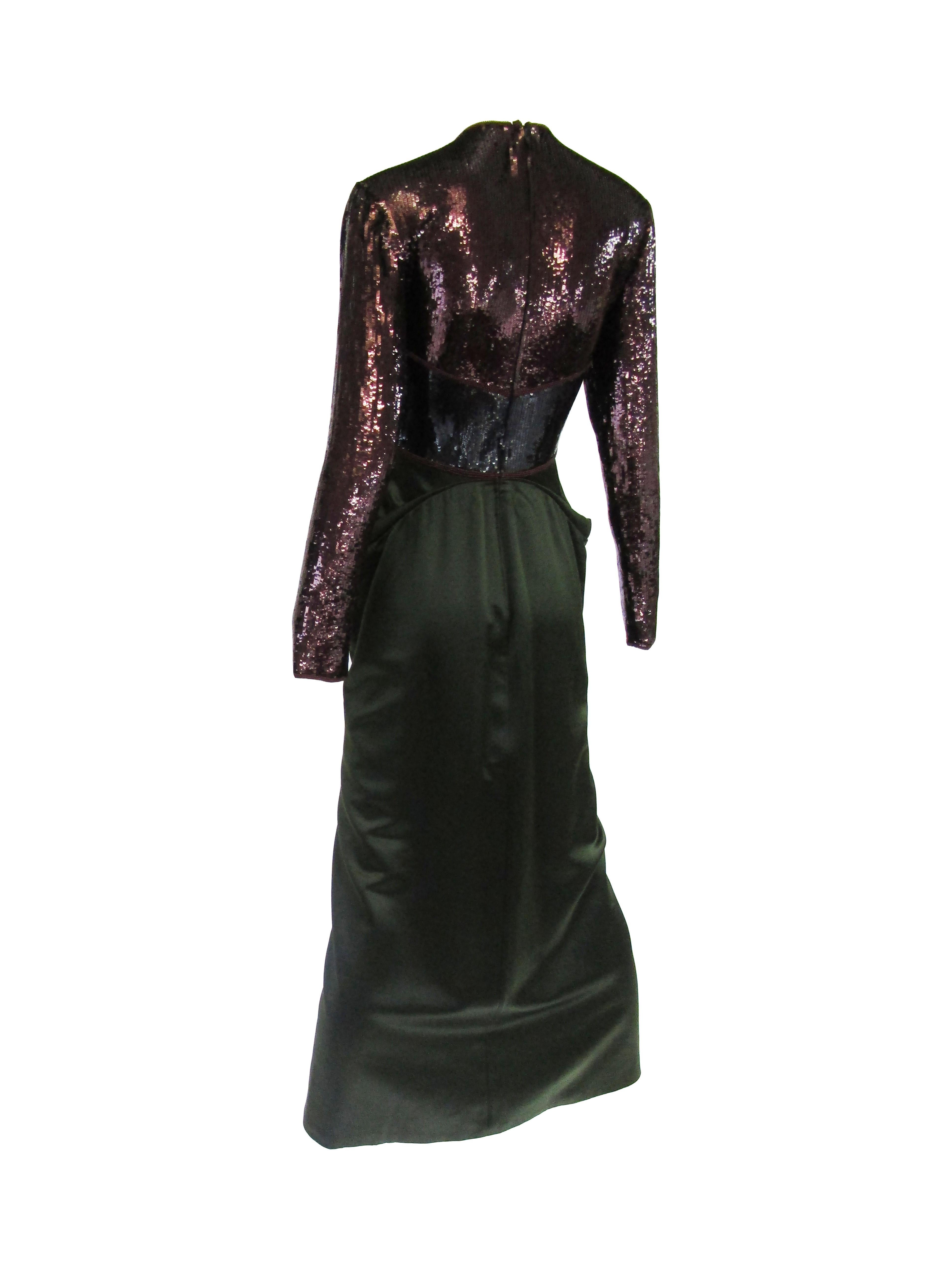 1990s Geoffrey Beene Burgundy and Green Satin Sequined Cocktail Dress For Sale 1