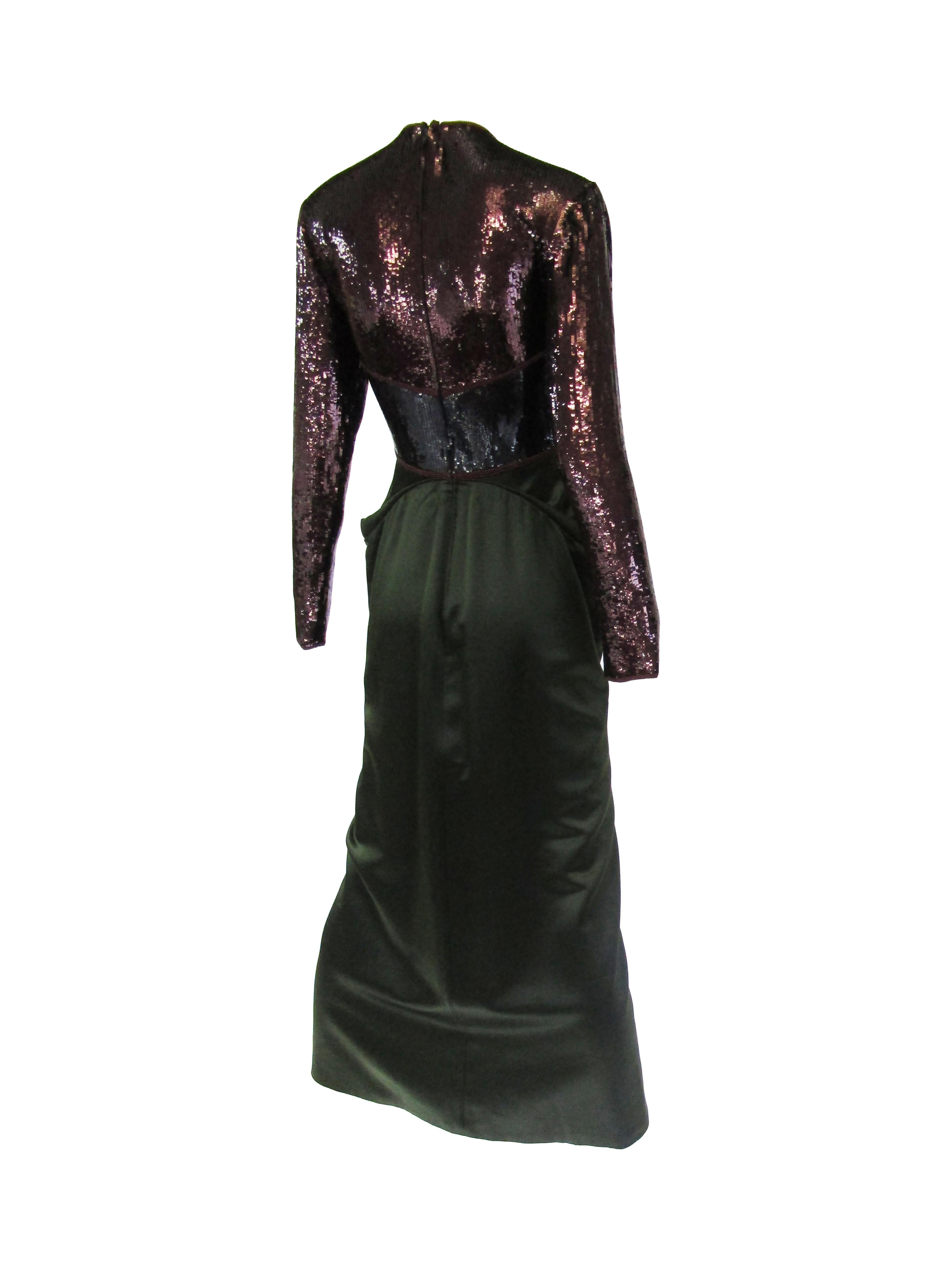 1990s Geoffrey Beene Burgundy and Green Satin Sequined Cocktail Dress For Sale 2