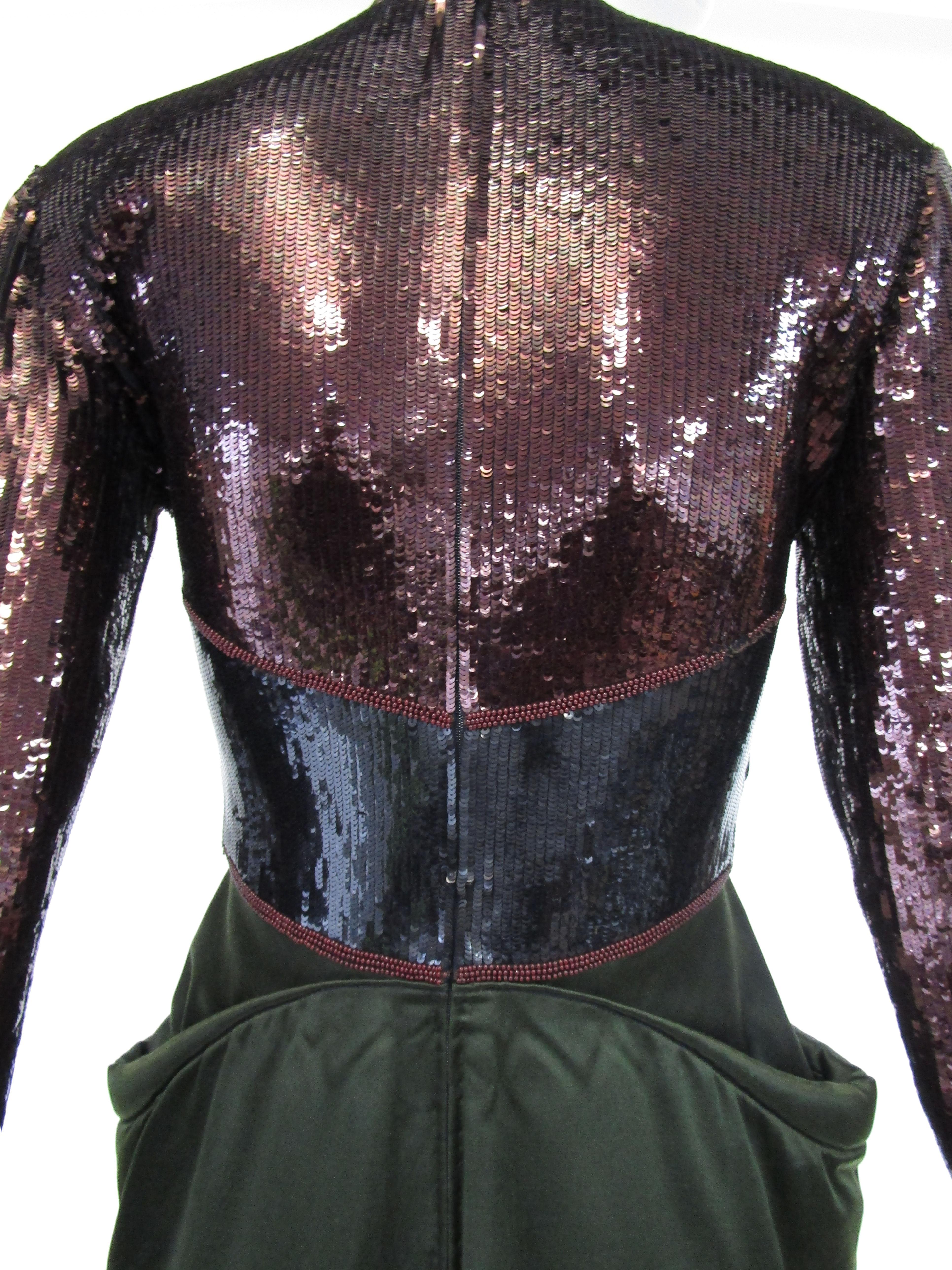 1990s Geoffrey Beene Burgundy and Green Satin Sequined Cocktail Dress For Sale 3