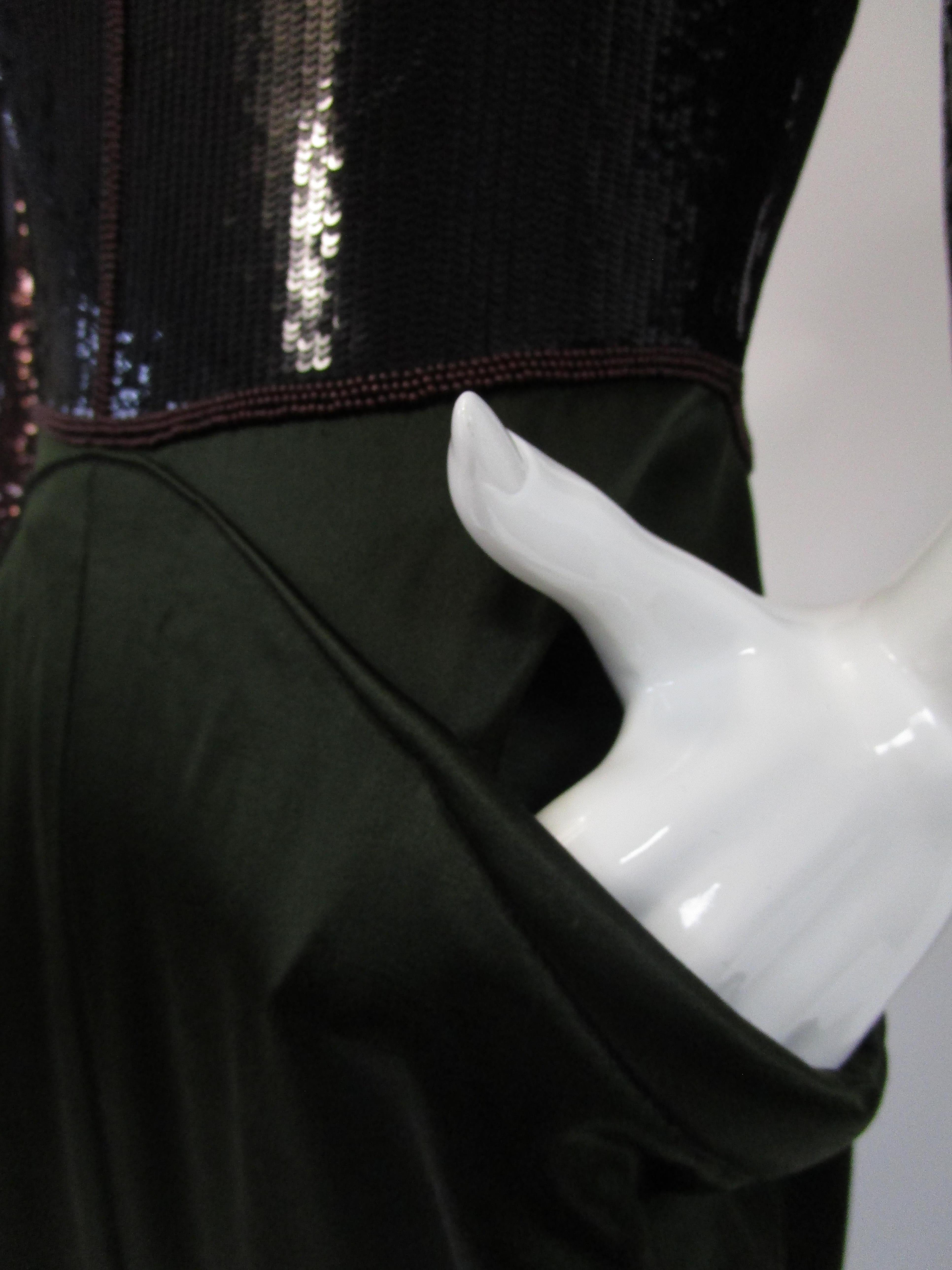 1990s Geoffrey Beene Burgundy and Green Satin Sequined Cocktail Dress For Sale 4