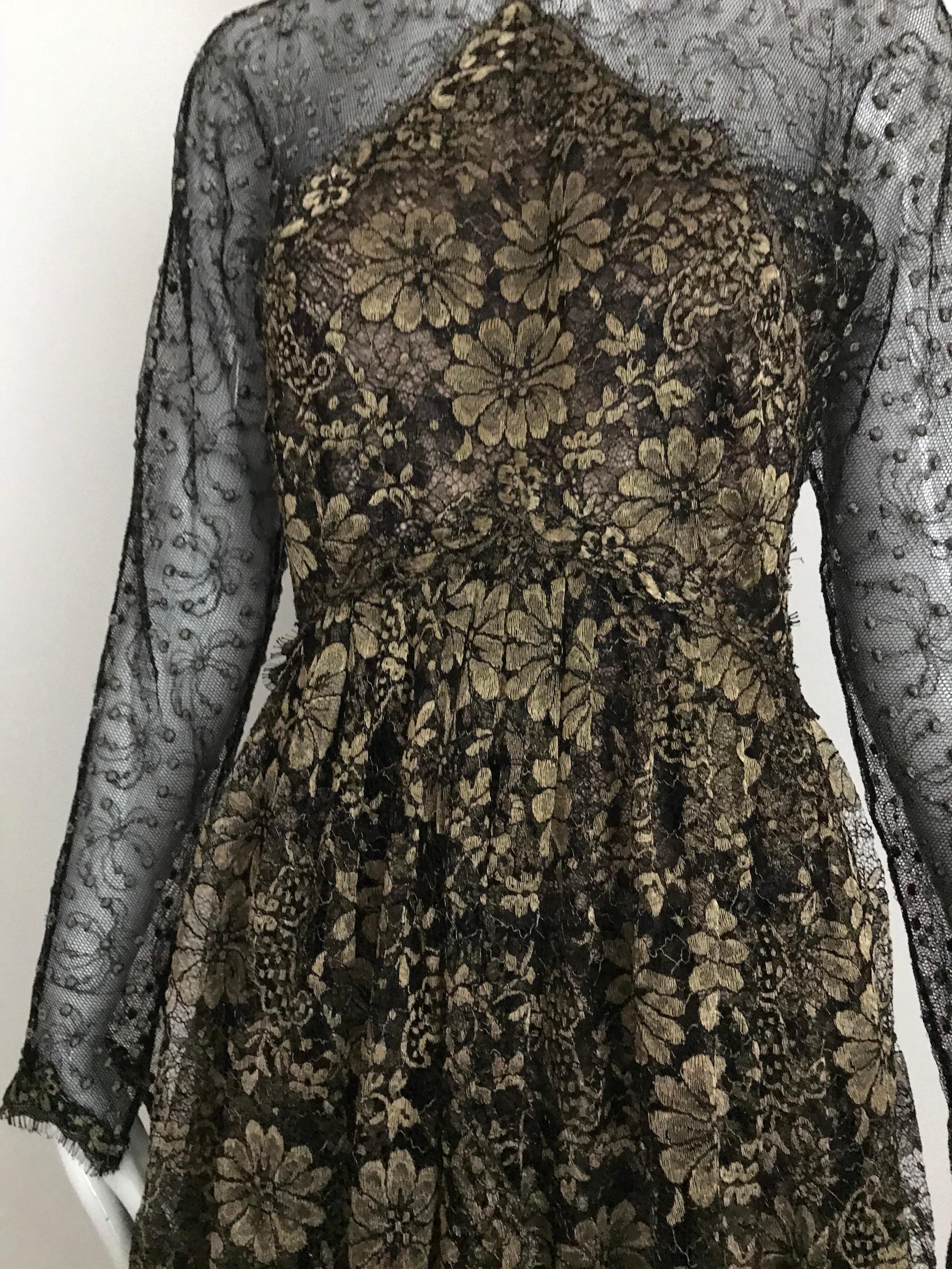 1990s Geoffrey Beene Gold And Black Metallic Lace Dress For Sale 5