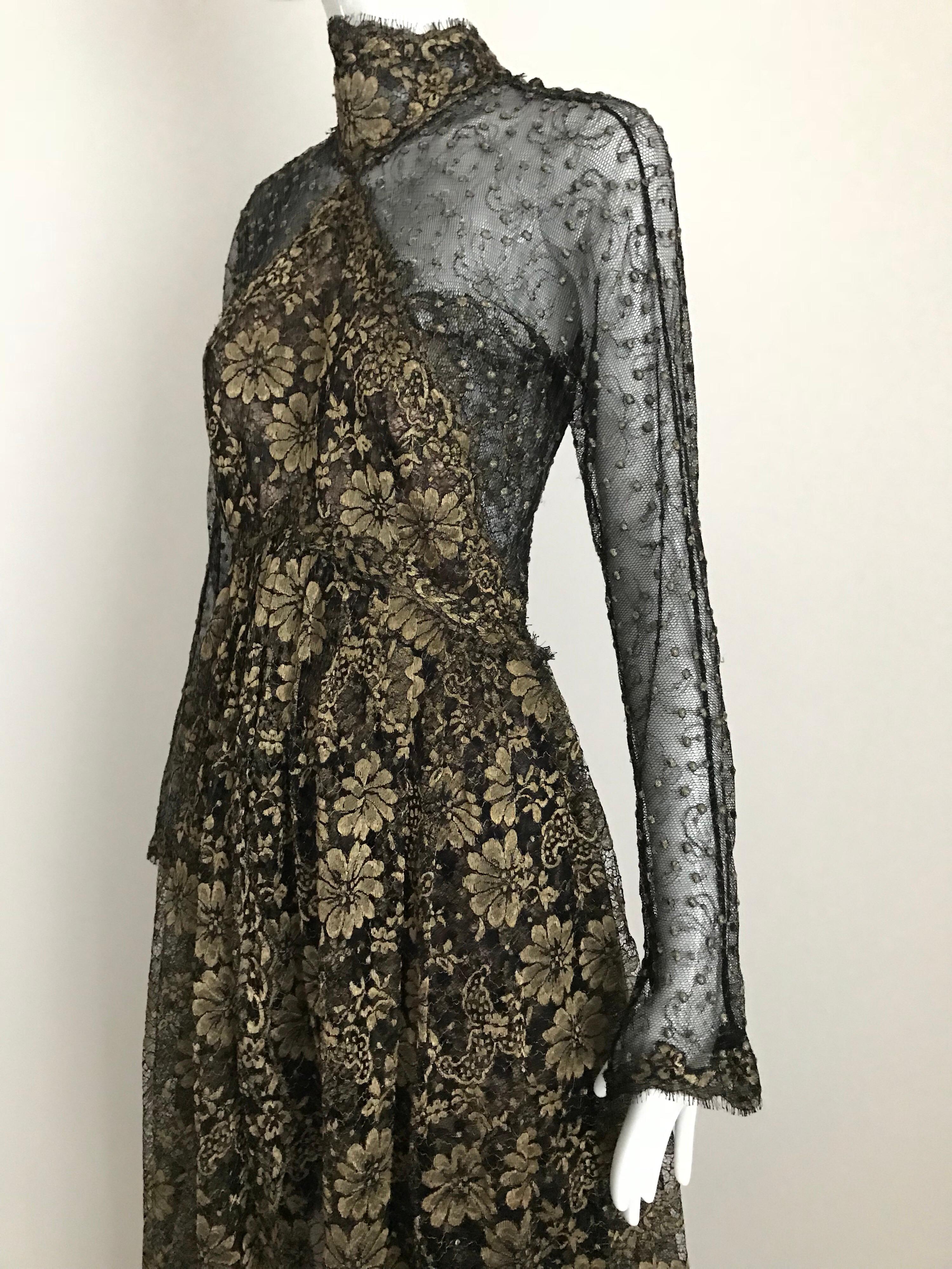1990s Geoffrey Beene Gold And Black Metallic Lace Dress For Sale 7