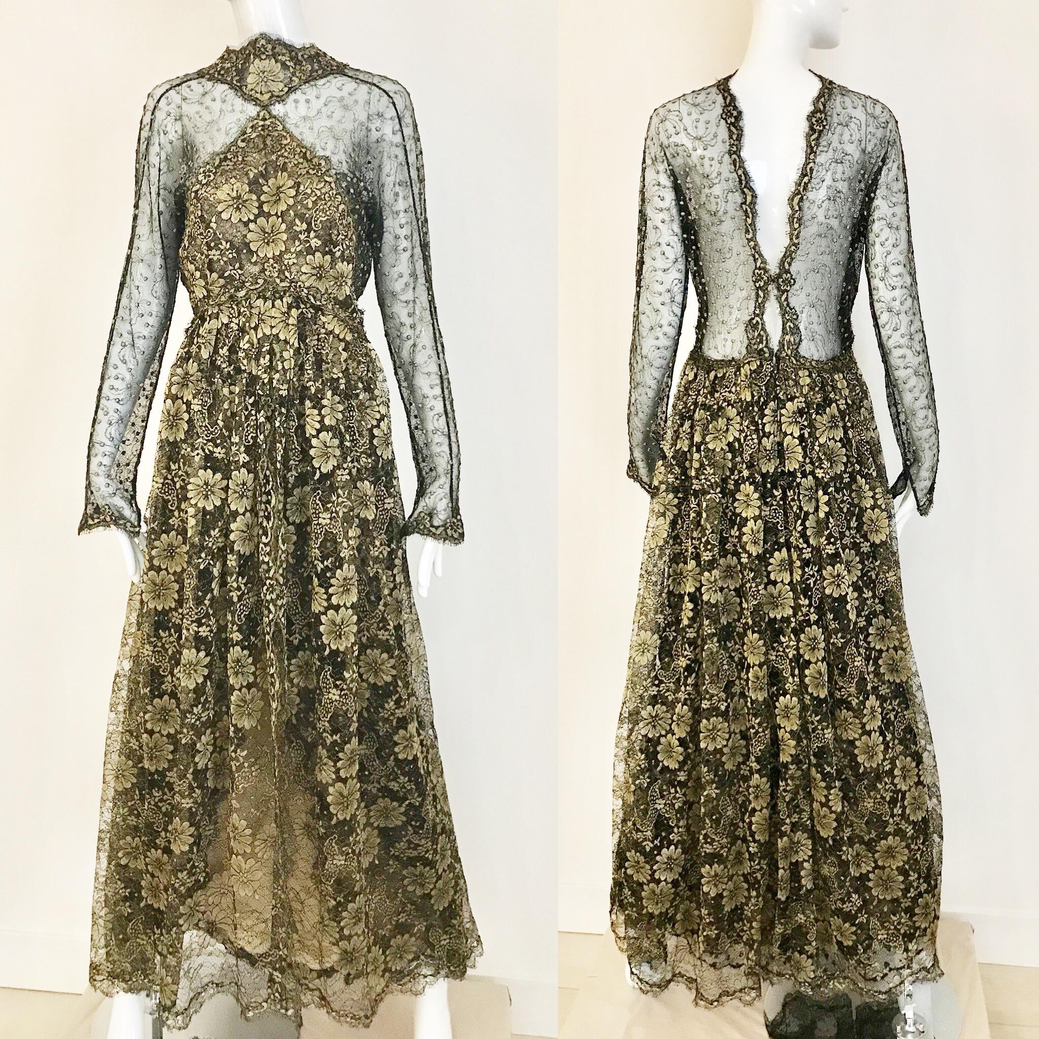 Early 90s Beautiful Geoffrey Beene gold brown long sleeve gown with exposed back.
Size: Small
Bust: 36 inches can fit 38 inches/ Waist: 26 inches/ Hip: 38 inches/ Dress Length: 61 inches/
Sleeve length: 25 inches 
Perfect for cocktail party or Black