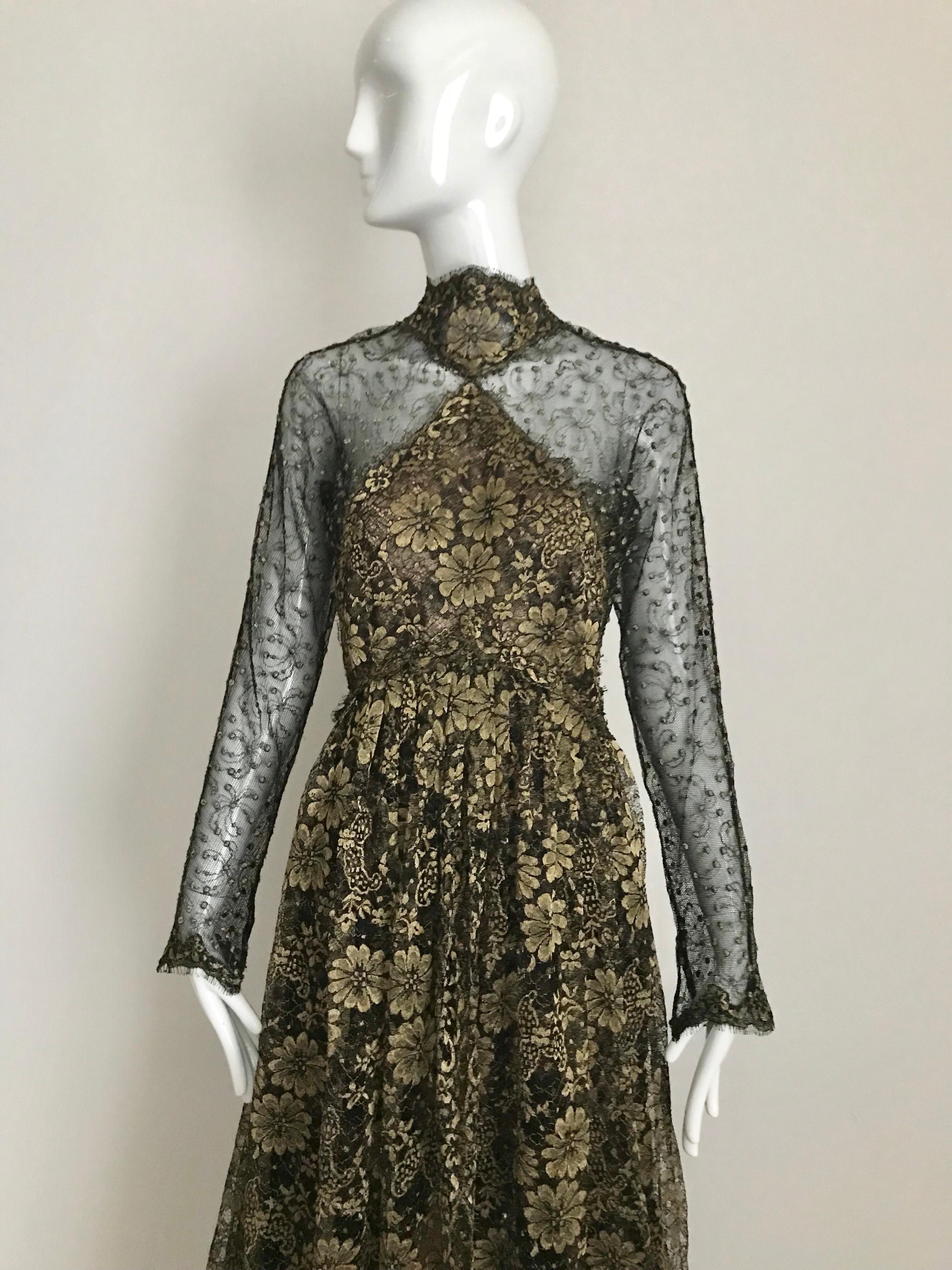Brown 1990s Geoffrey Beene Gold And Black Metallic Lace Dress For Sale