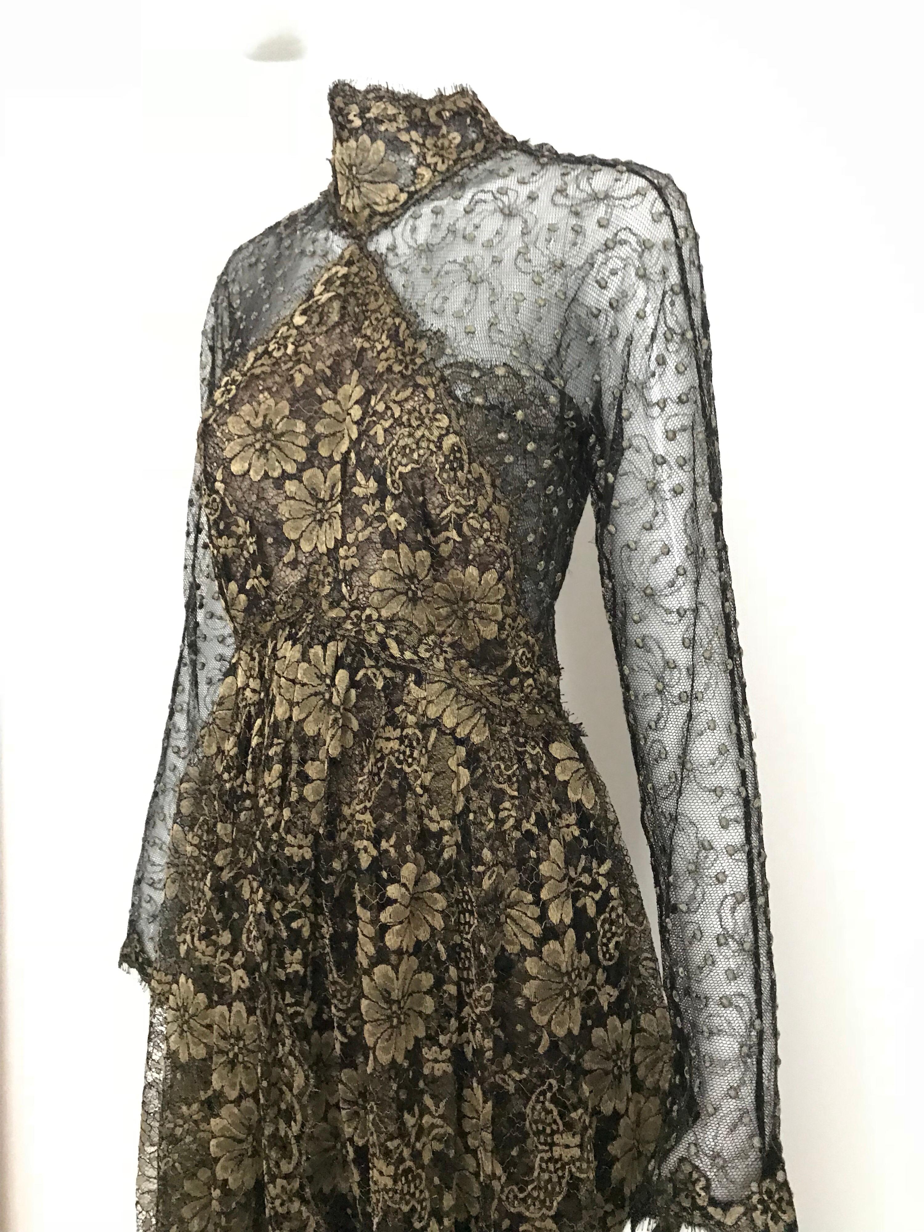 Women's 1990s Geoffrey Beene Gold And Black Metallic Lace Dress For Sale