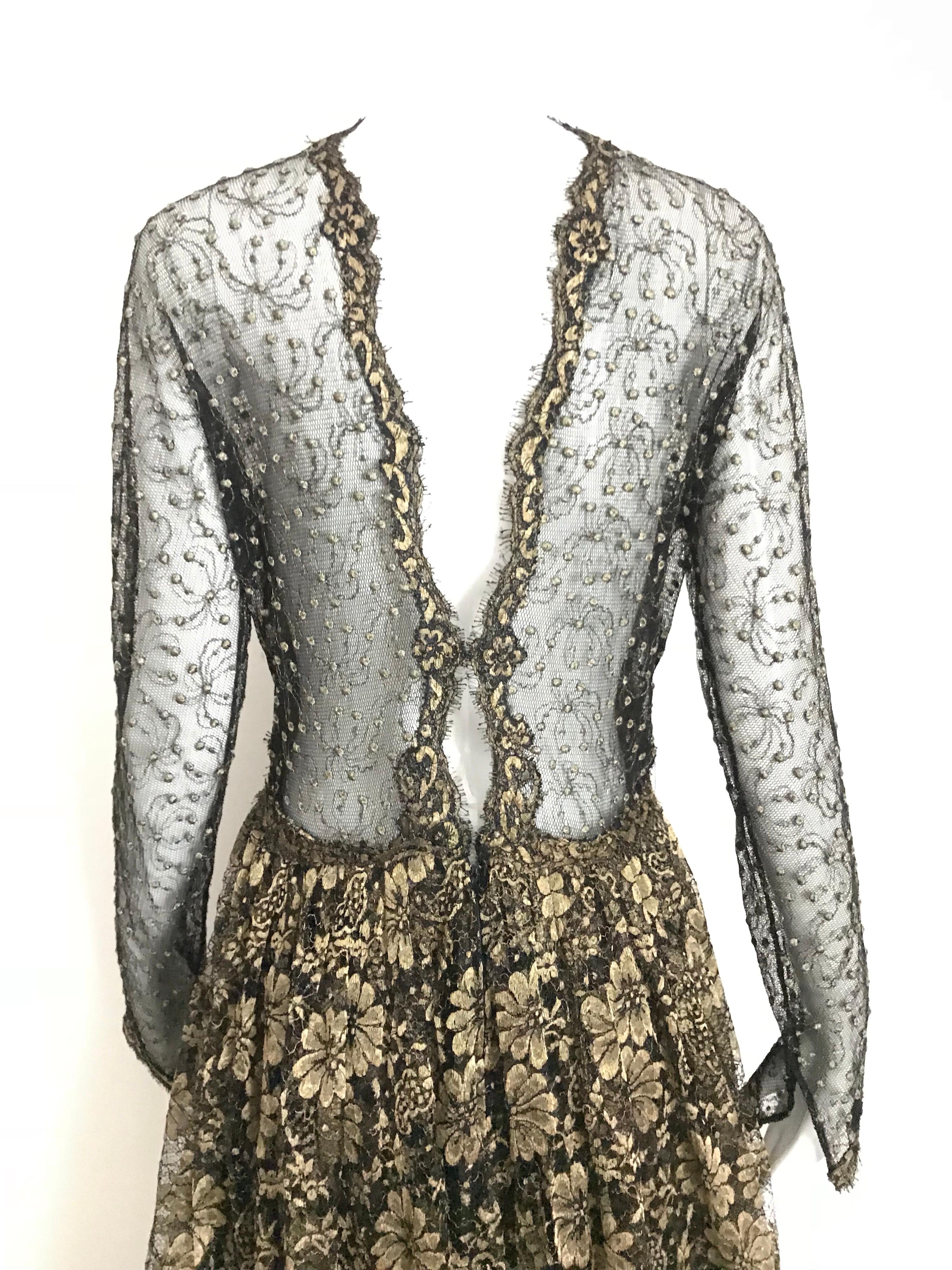 1990s Geoffrey Beene Gold And Black Metallic Lace Dress For Sale 3