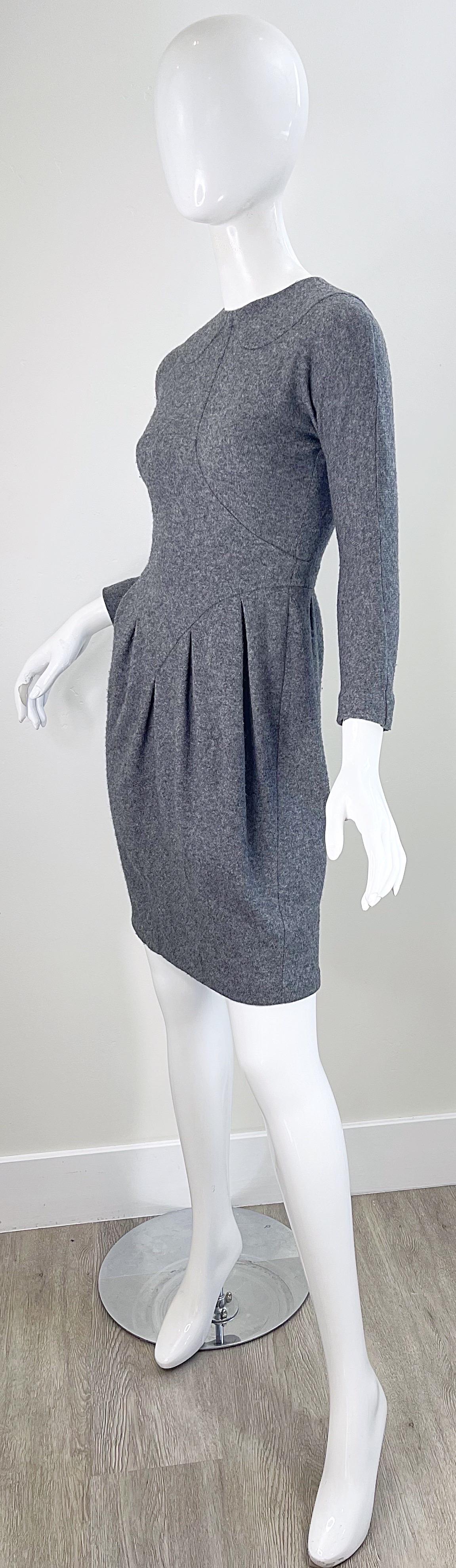 1990s Geoffrey Beene Grey Wool Long Sleeve Vintage 90s Gray Dress For Sale 6