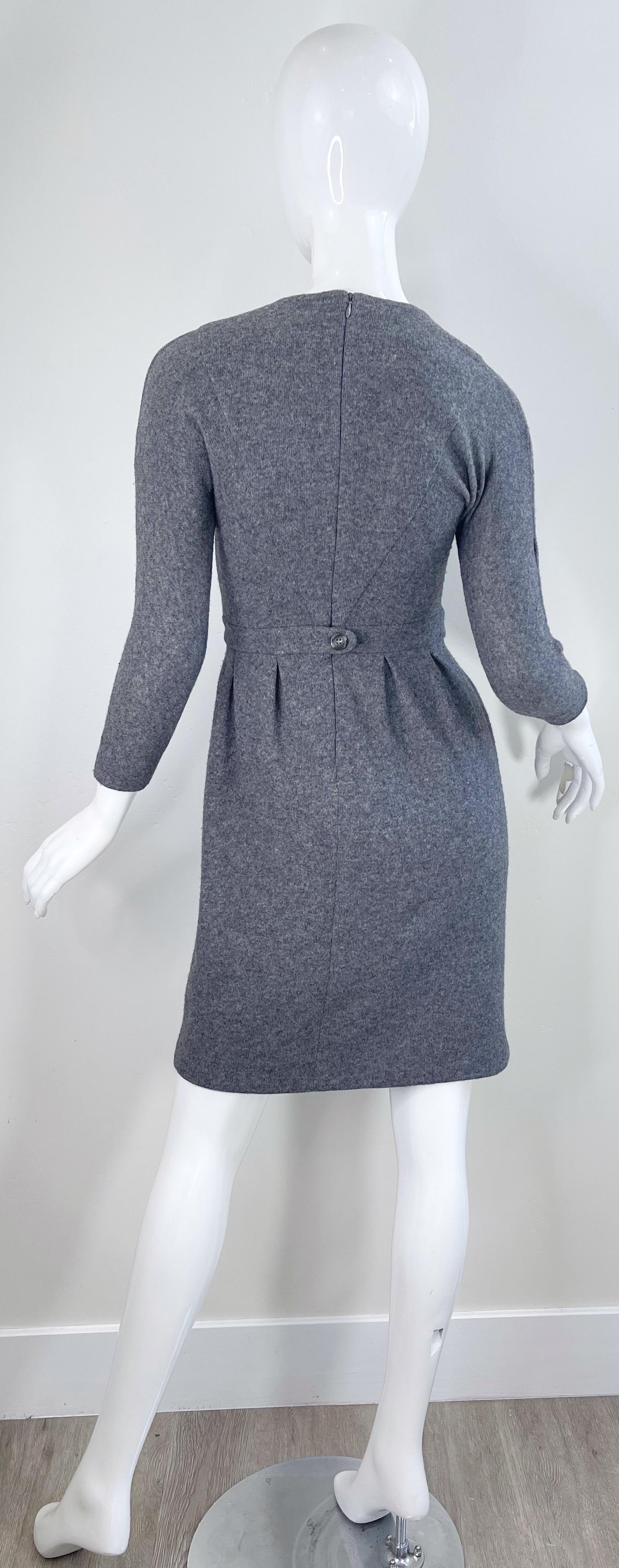 1990s Geoffrey Beene Grey Wool Long Sleeve Vintage 90s Gray Dress For Sale 7