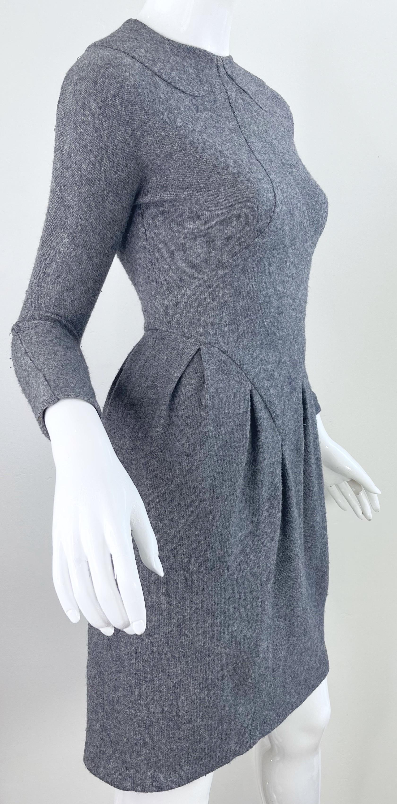 1990s Geoffrey Beene Grey Wool Long Sleeve Vintage 90s Gray Dress For Sale 8