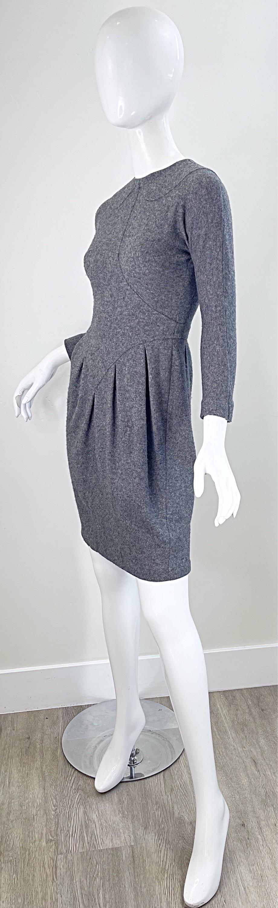 1990s Geoffrey Beene Grey Wool Long Sleeve Vintage 90s Gray Dress For Sale 9