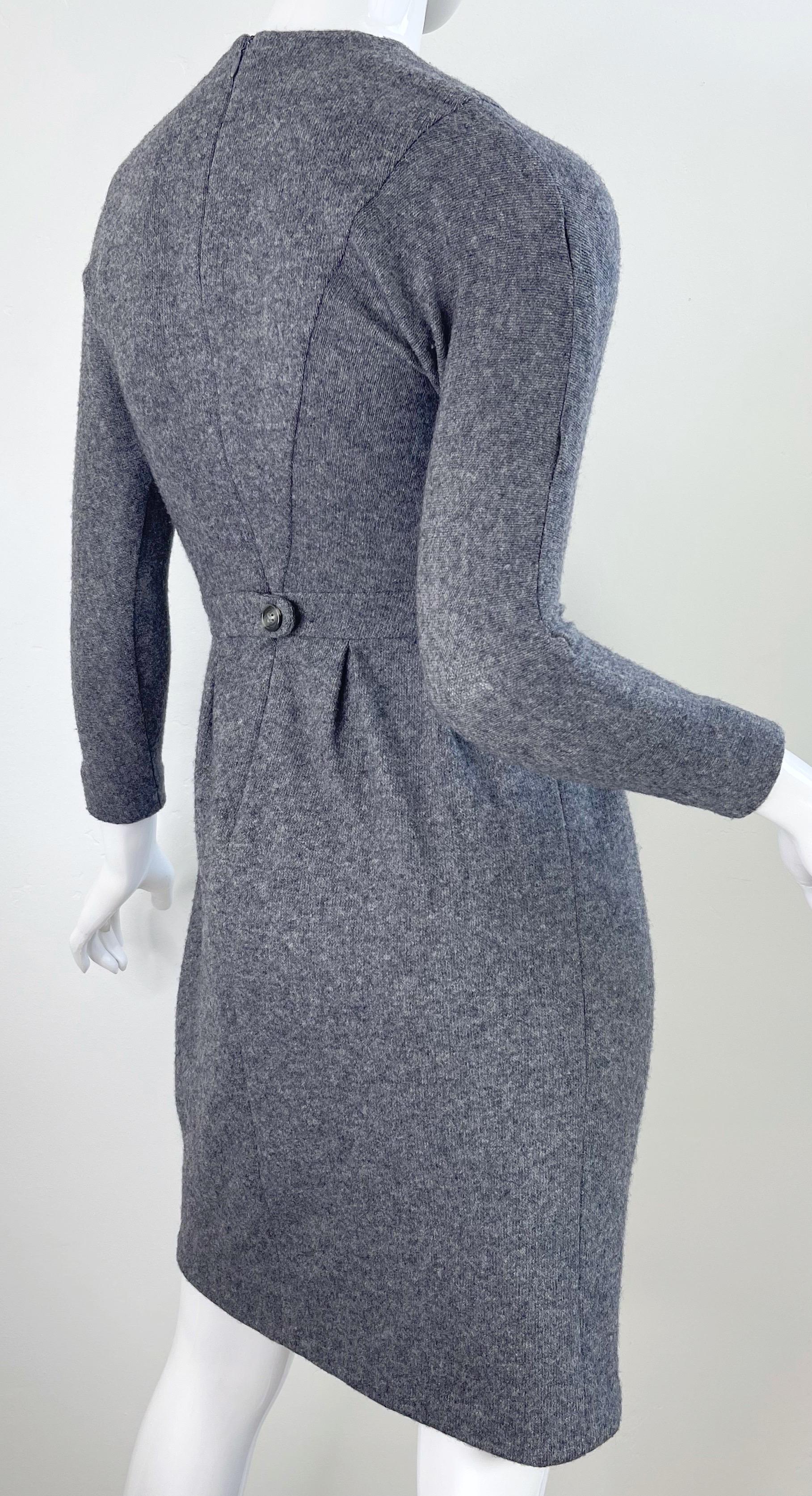 1990s Geoffrey Beene Grey Wool Long Sleeve Vintage 90s Gray Dress For Sale 10