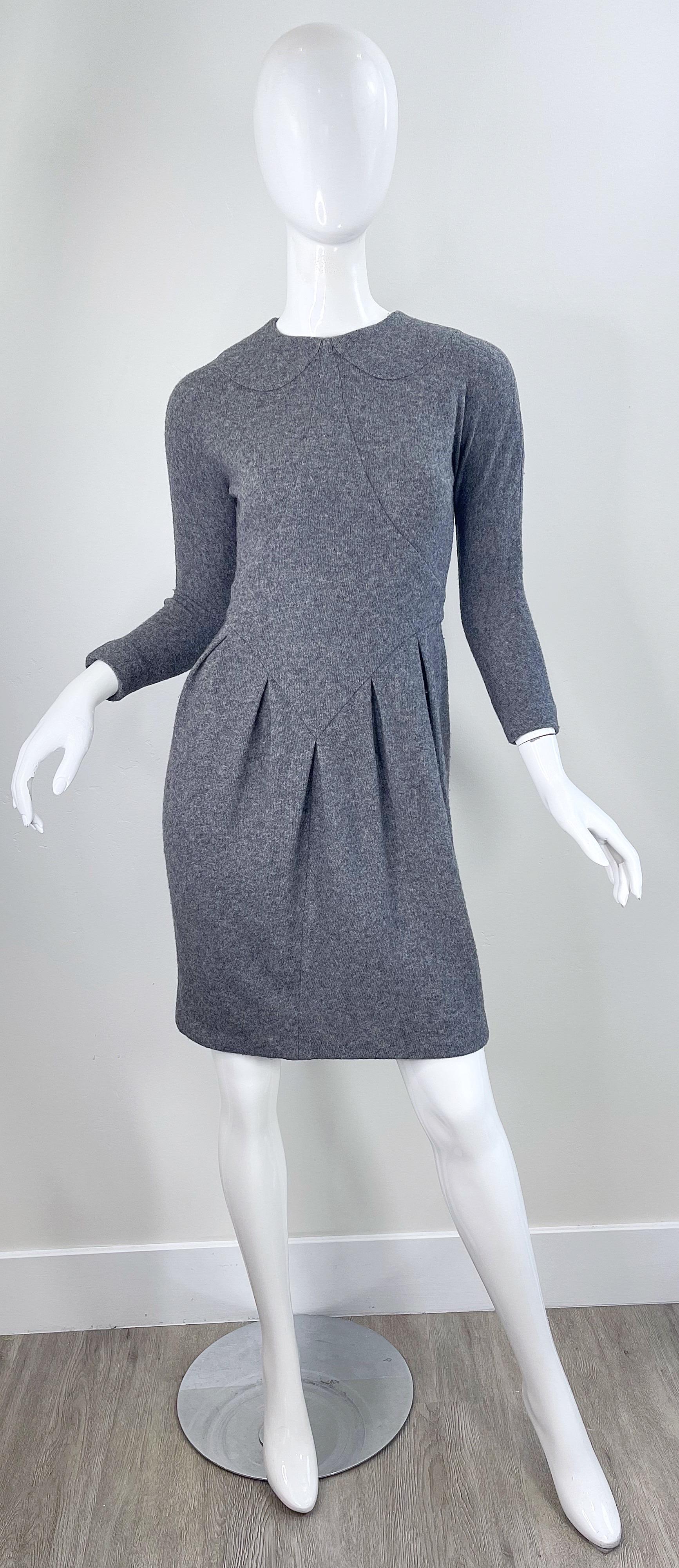 1990s Geoffrey Beene Grey Wool Long Sleeve Vintage 90s Gray Dress For Sale 11