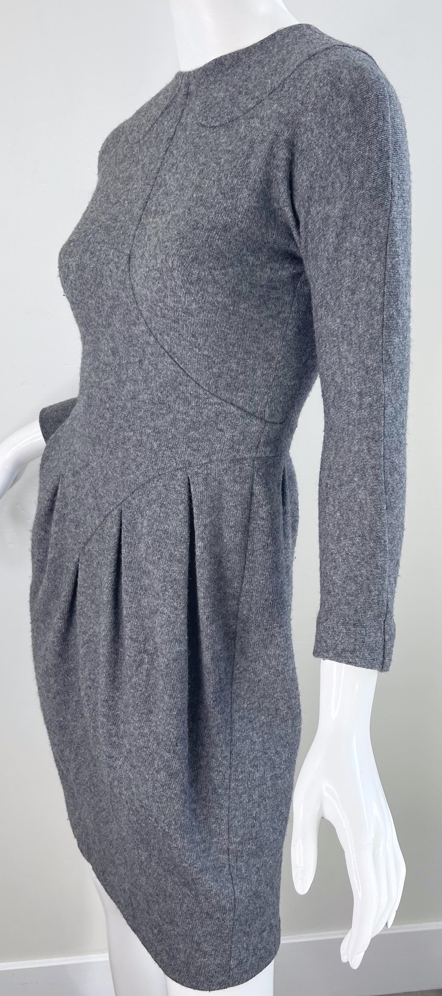 1990s Geoffrey Beene Grey Wool Long Sleeve Vintage 90s Gray Dress For Sale 1