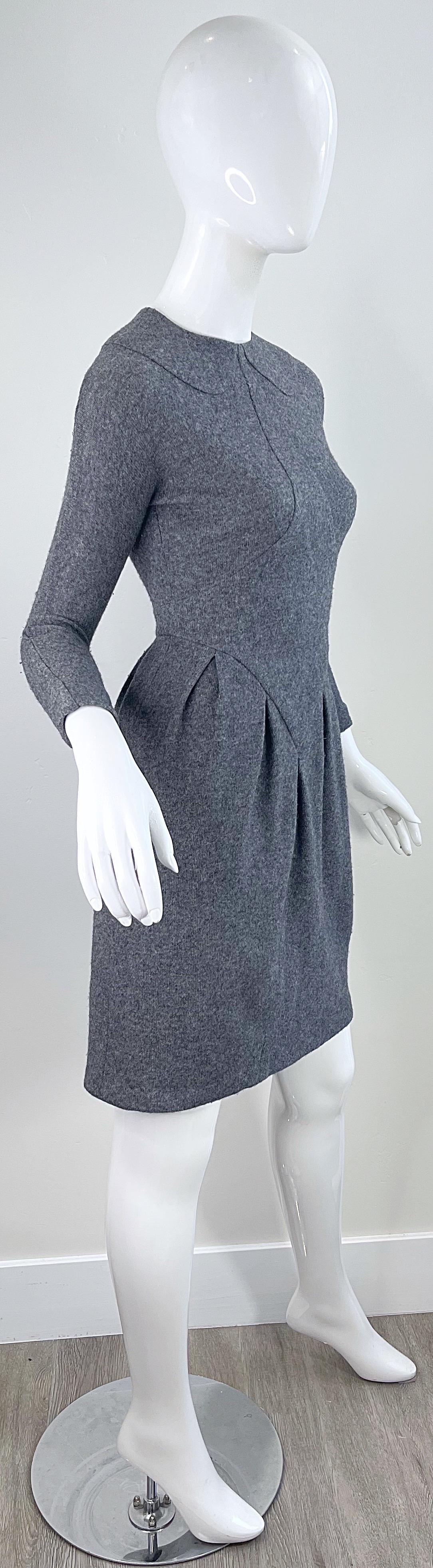 1990s Geoffrey Beene Grey Wool Long Sleeve Vintage 90s Gray Dress For Sale 3