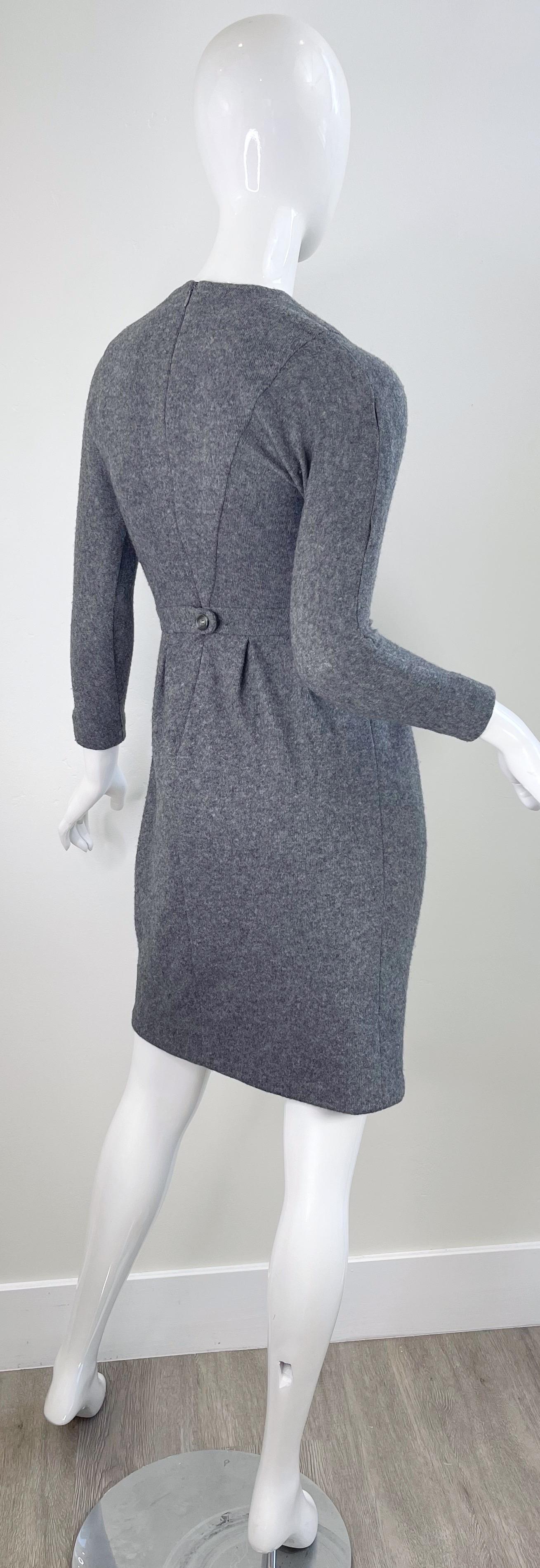 1990s Geoffrey Beene Grey Wool Long Sleeve Vintage 90s Gray Dress For Sale 4